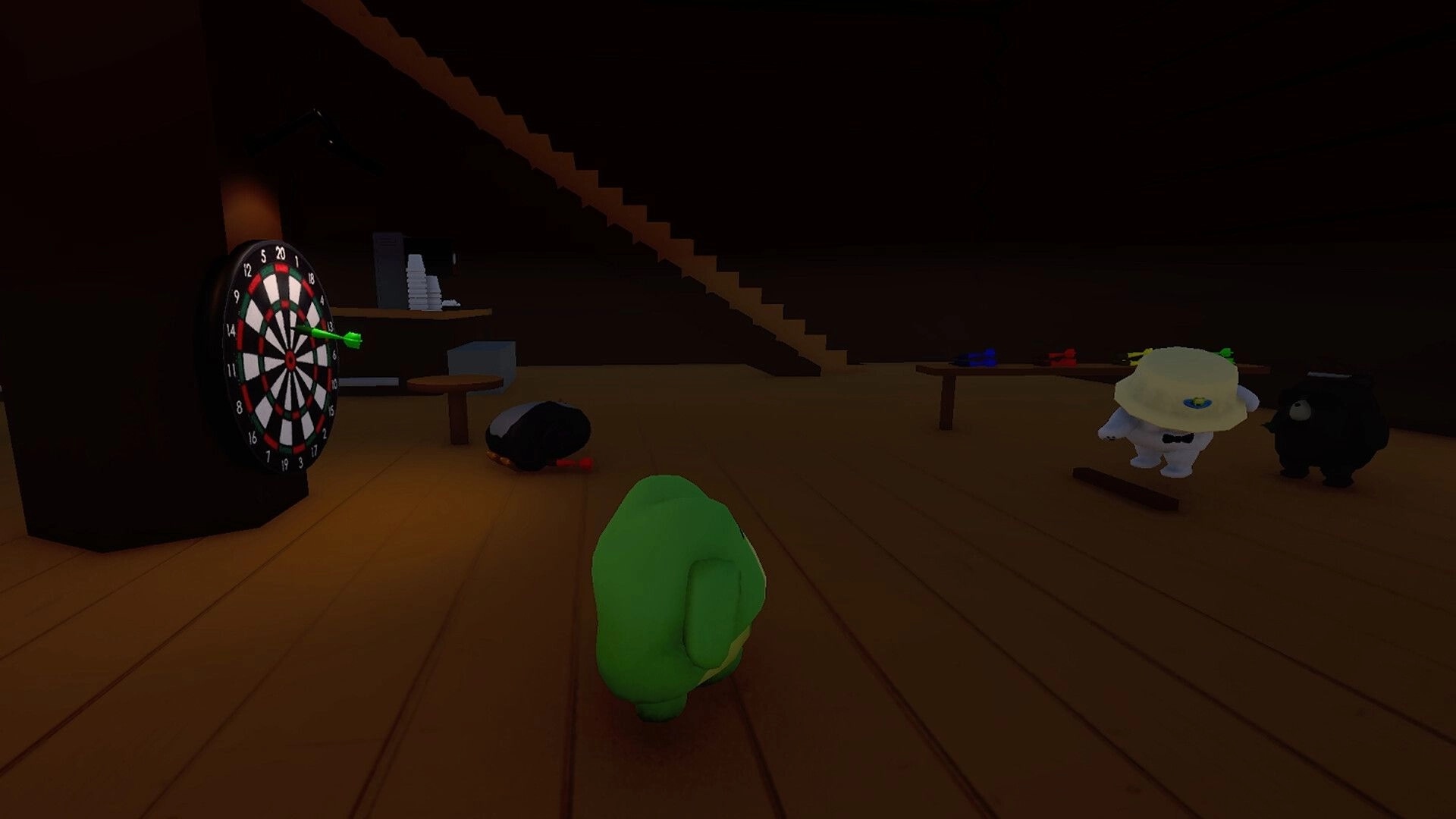 Sledding Game: Green player watches darts on a board in a dim cabin with stairs and friends.