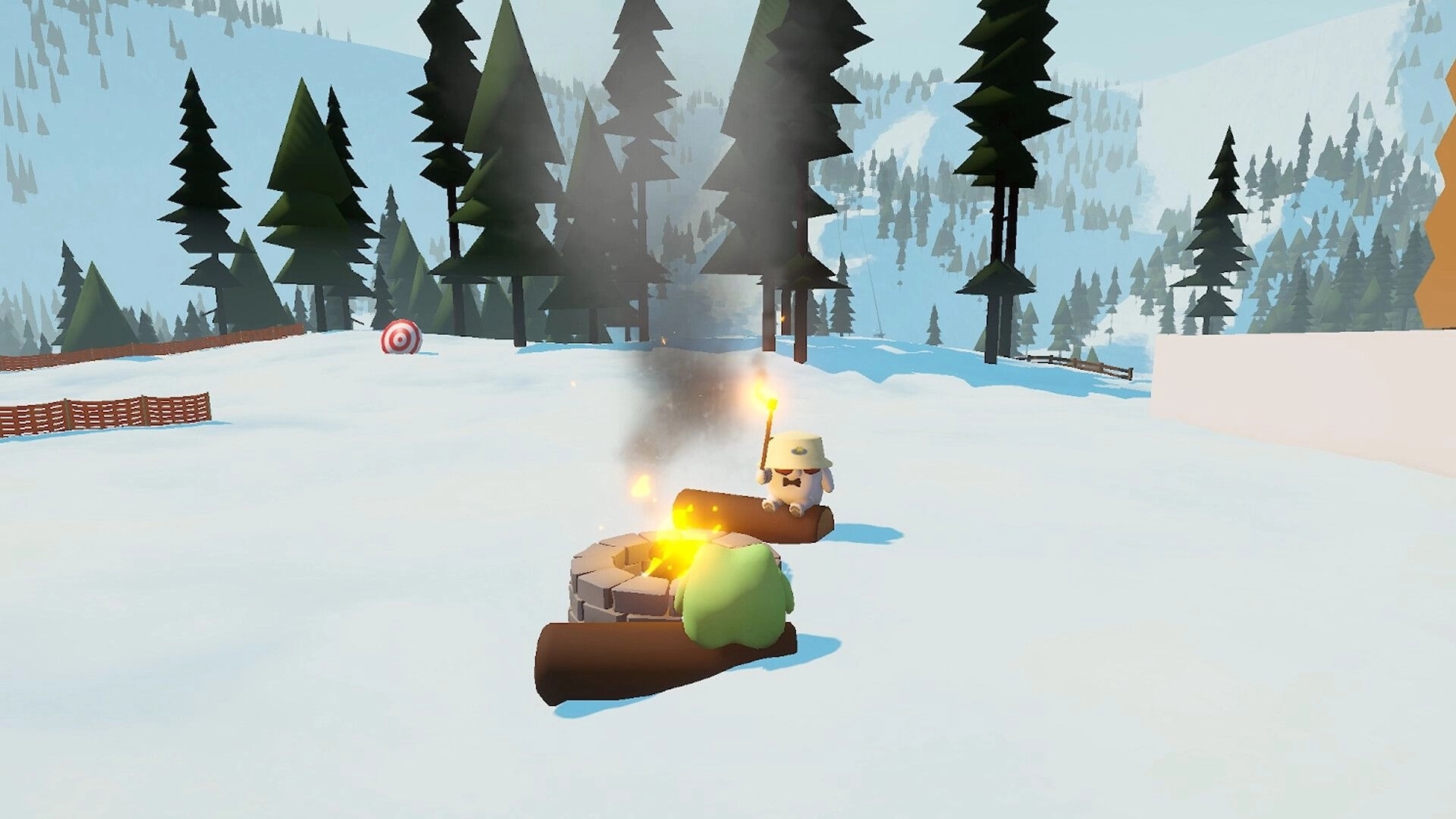 Sledding Game: Two players sit on log sleds by a campfire in a snowy pine forest valley.
