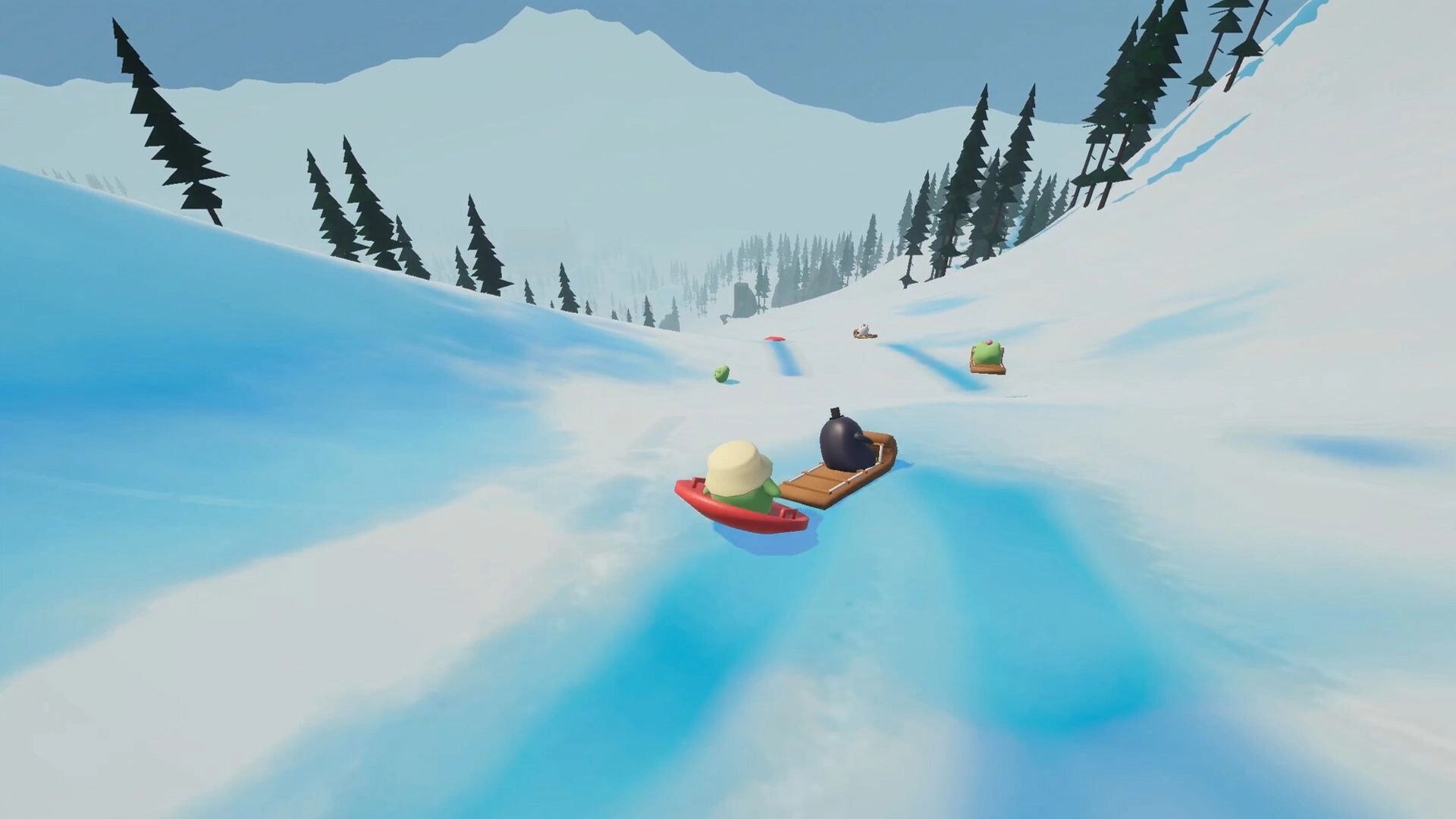 Sledding Game: Two players on sleds racing downhill on snowy mountain track with pine trees ahead.