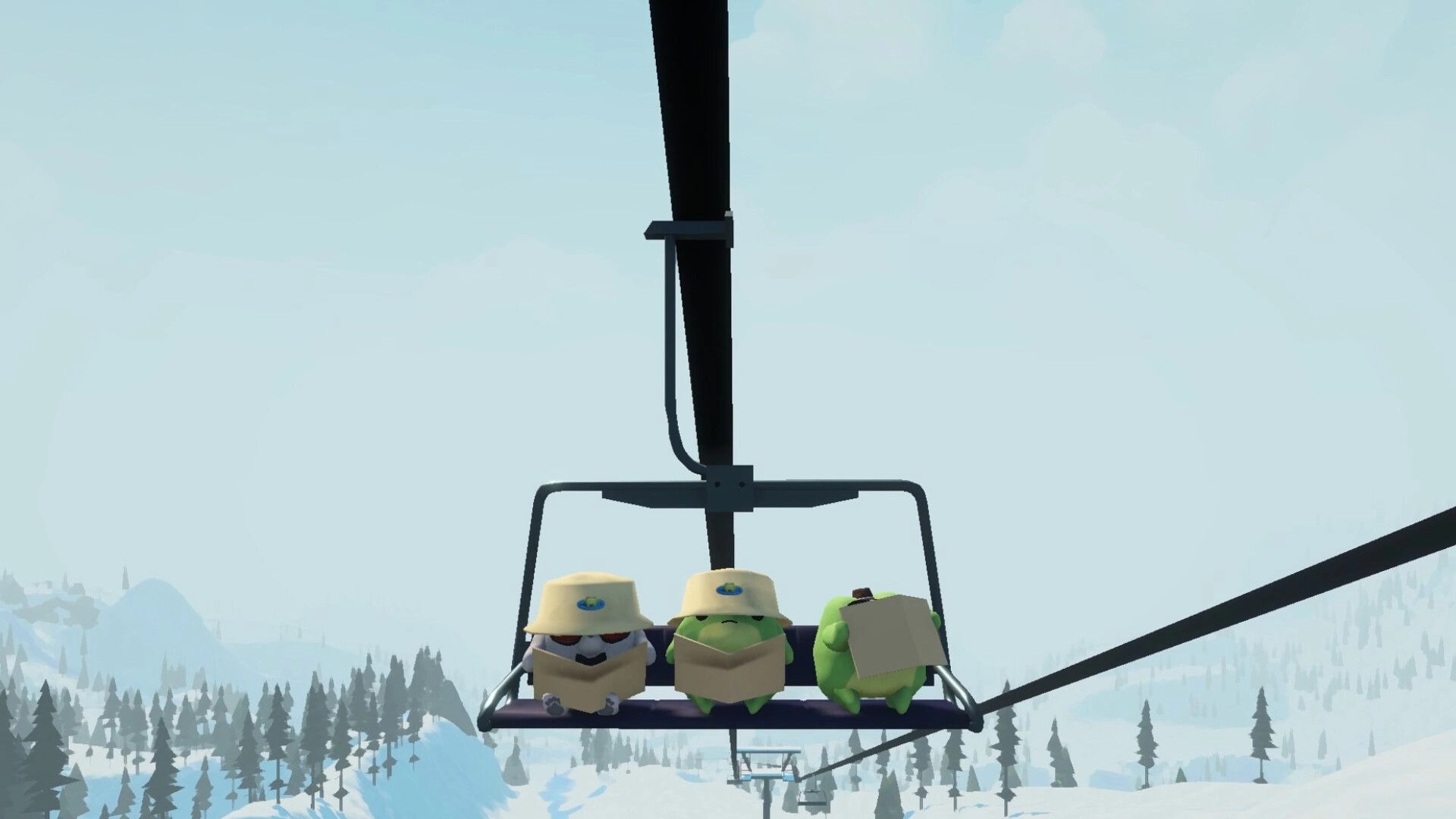 Sledding Game: Three bundled characters ride a ski lift chair above snowy pine mountains under clear sky.