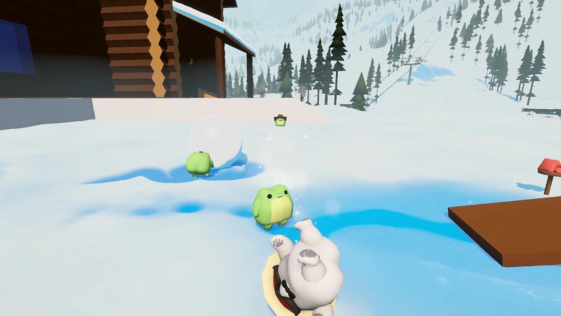 Sledding Game: Frog-like characters on snowy slope near cabin, one pushing a giant snowball.