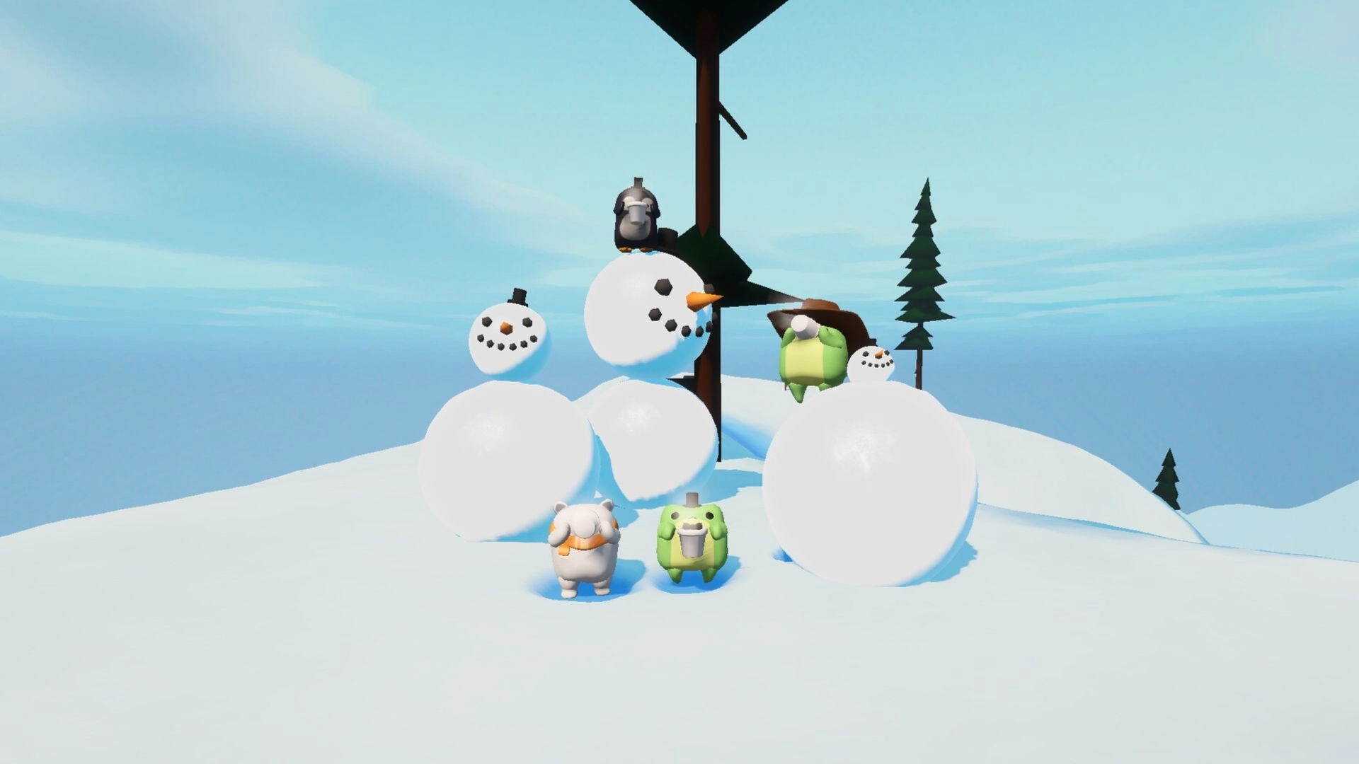 Sledding Game: Two cartoon friends pose by snowball snowmen on a snowy hill with pine trees.