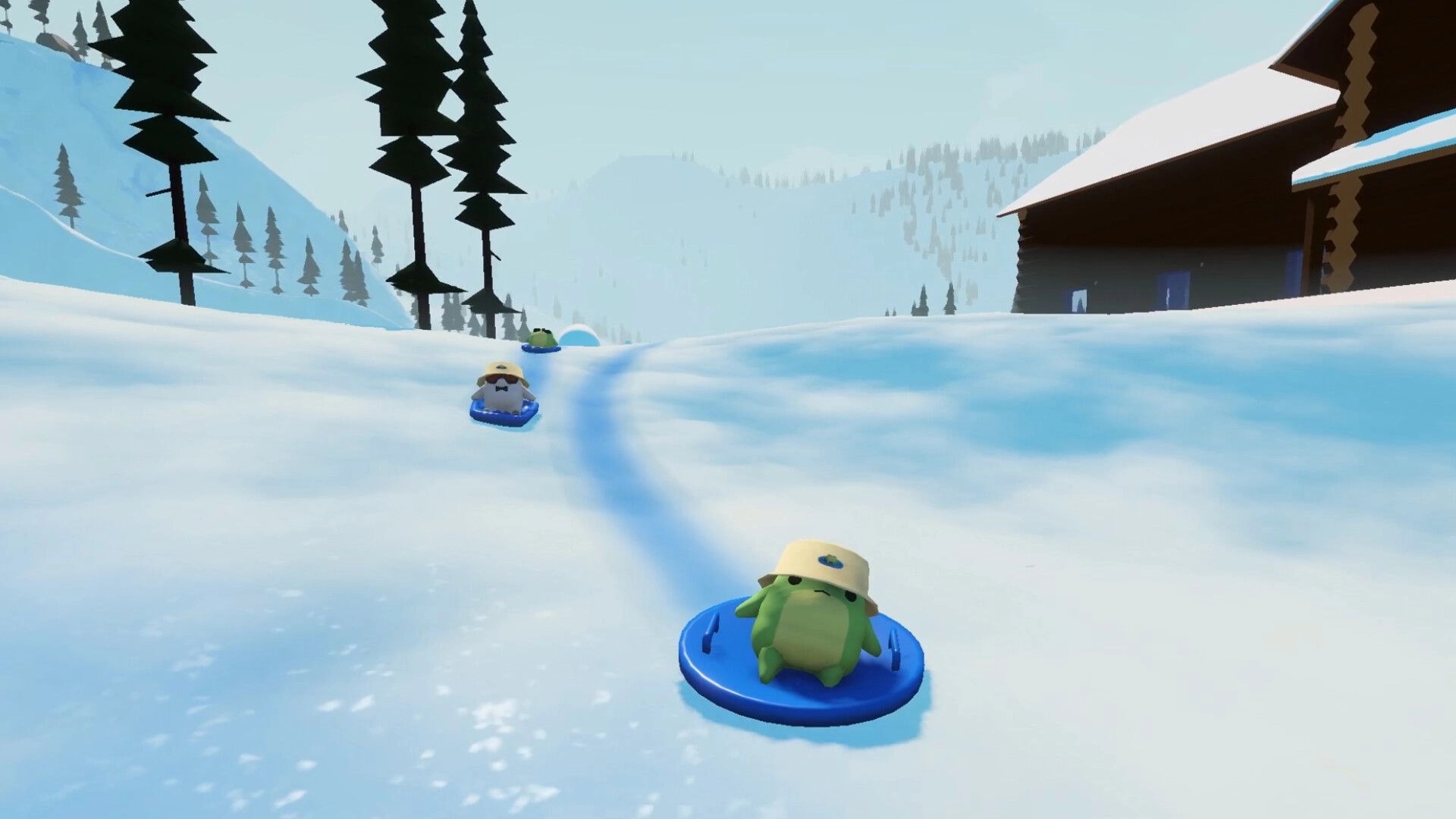 Sledding Game: Three cartoony riders on blue sleds racing down snowy slope by cabin and pines.