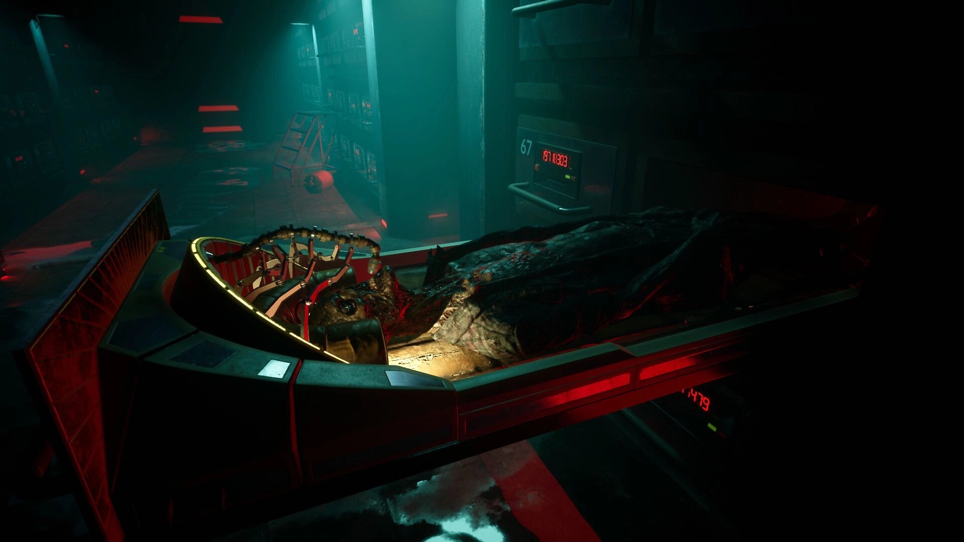 SLEEP AWAKE: Suspended figure in eerie, dimly lit laboratory with glowing red displays and dark corridors