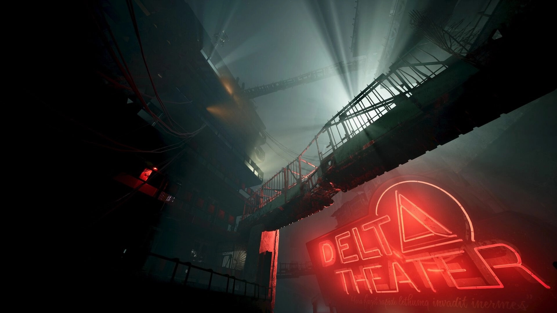 SLEEP AWAKE: Neon-lit Delta Theater sign under ominous sky with industrial structures looming above.