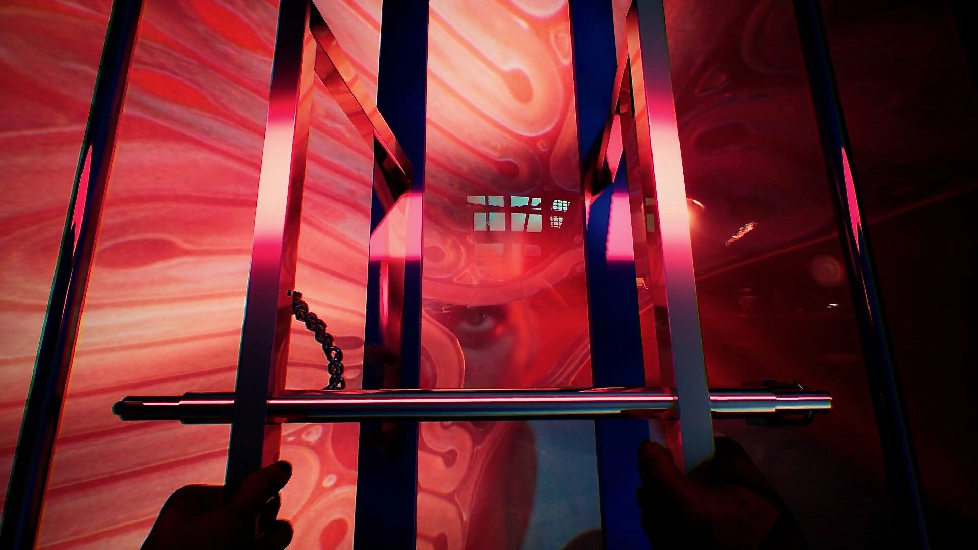 SLEEP AWAKE: Player grips metal bars in eerie red-lit environment with ominous eye in background.