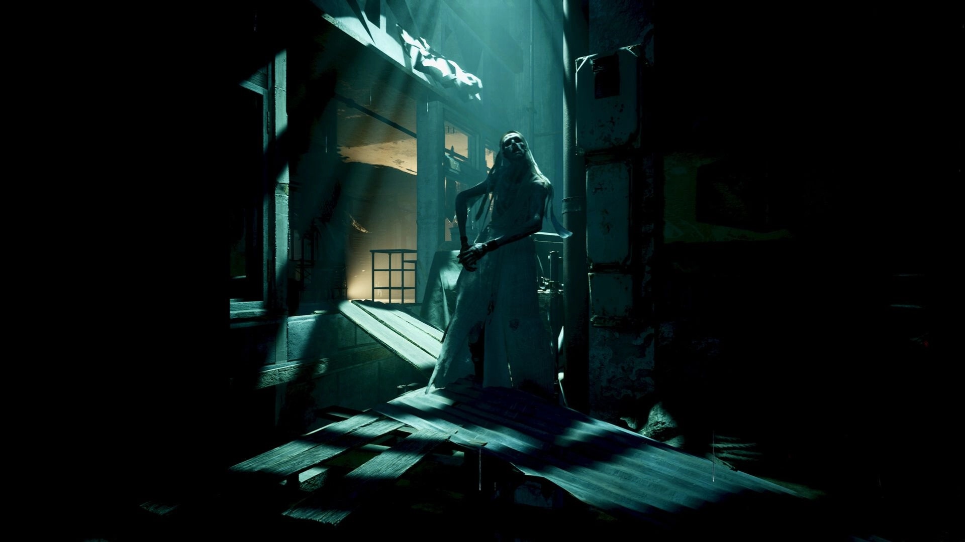 SLEEP AWAKE: Mysterious figure stands in moonlit alley, surrounded by eerie shadows and decaying walls.