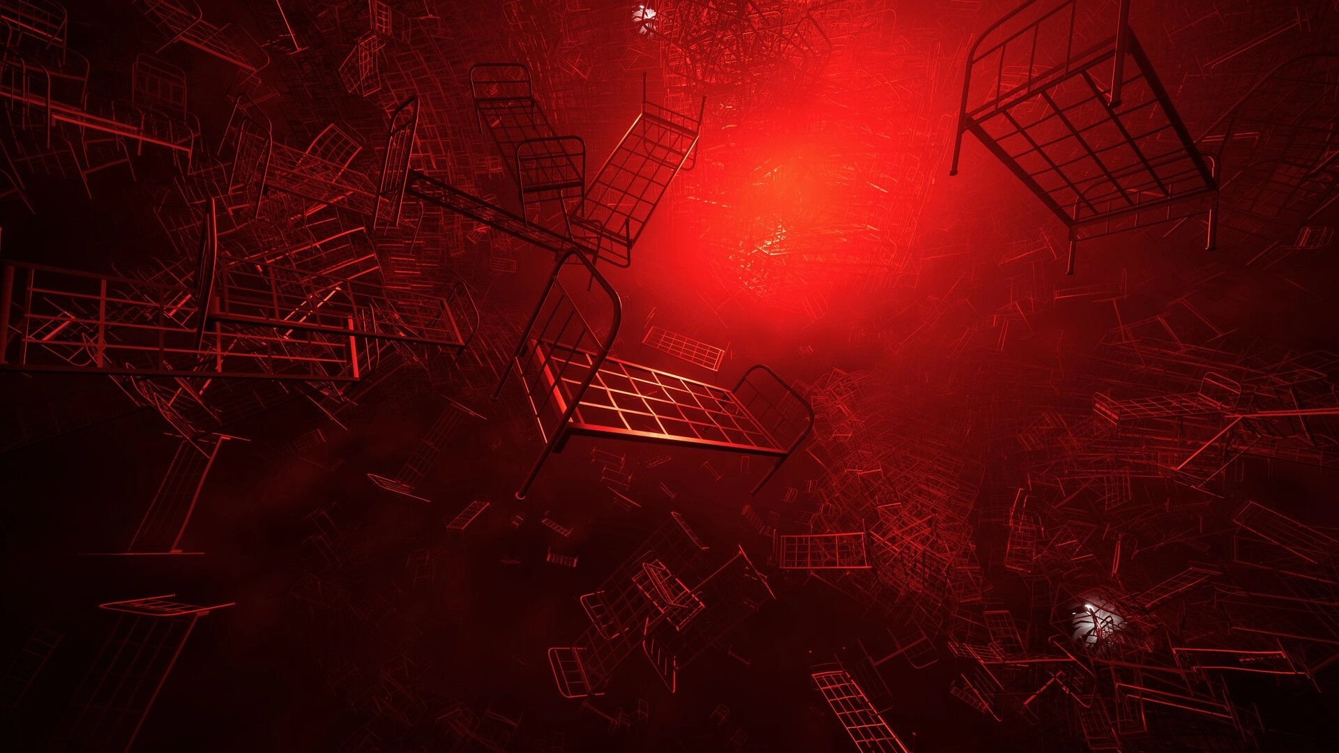 SLEEP AWAKE: Floating beds in a surreal red void, creating an unsettling and eerie atmosphere