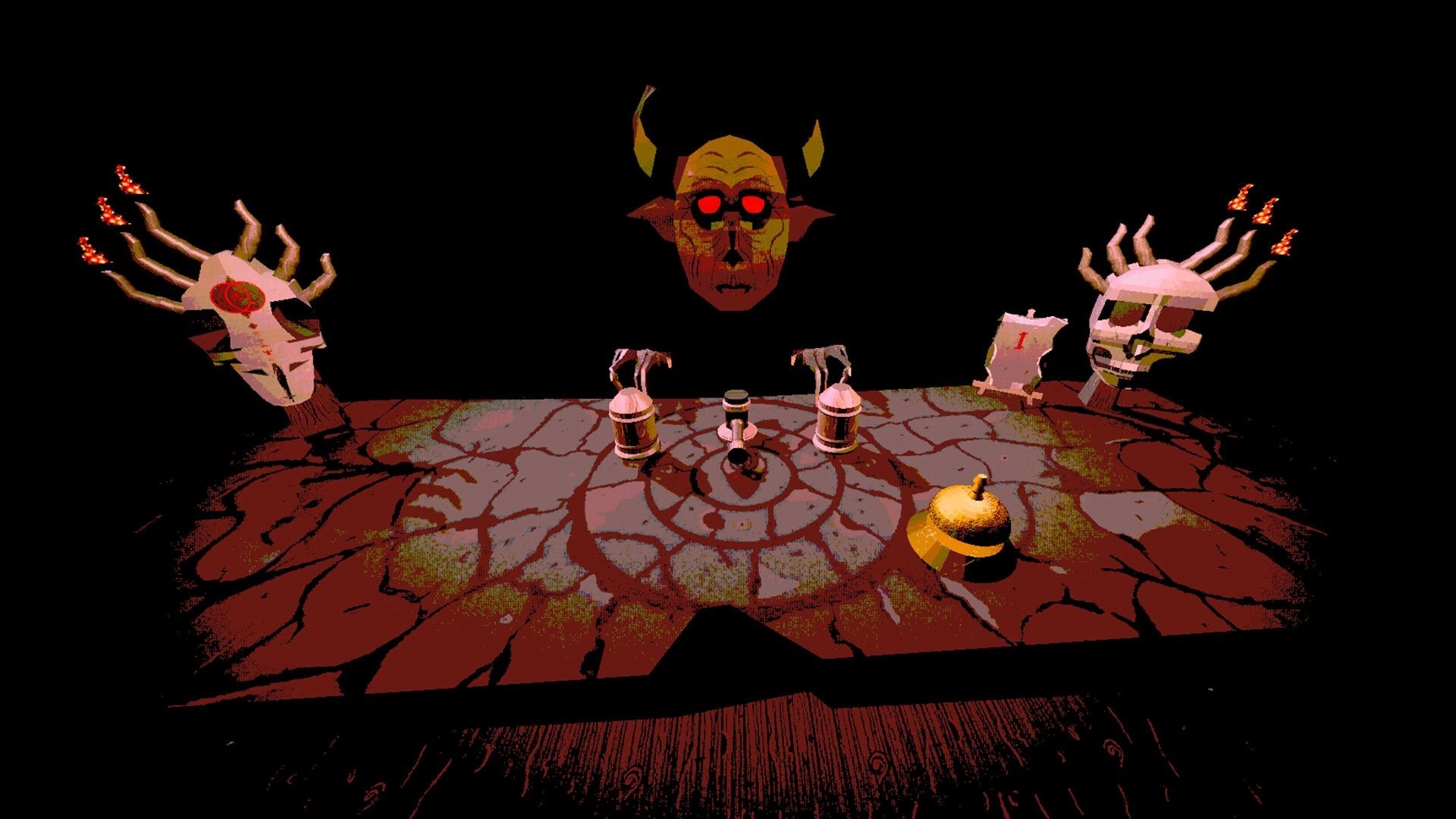 Slick As The Devil: Devil face looms over three cups on cracked table, skull totems and bell nearby.