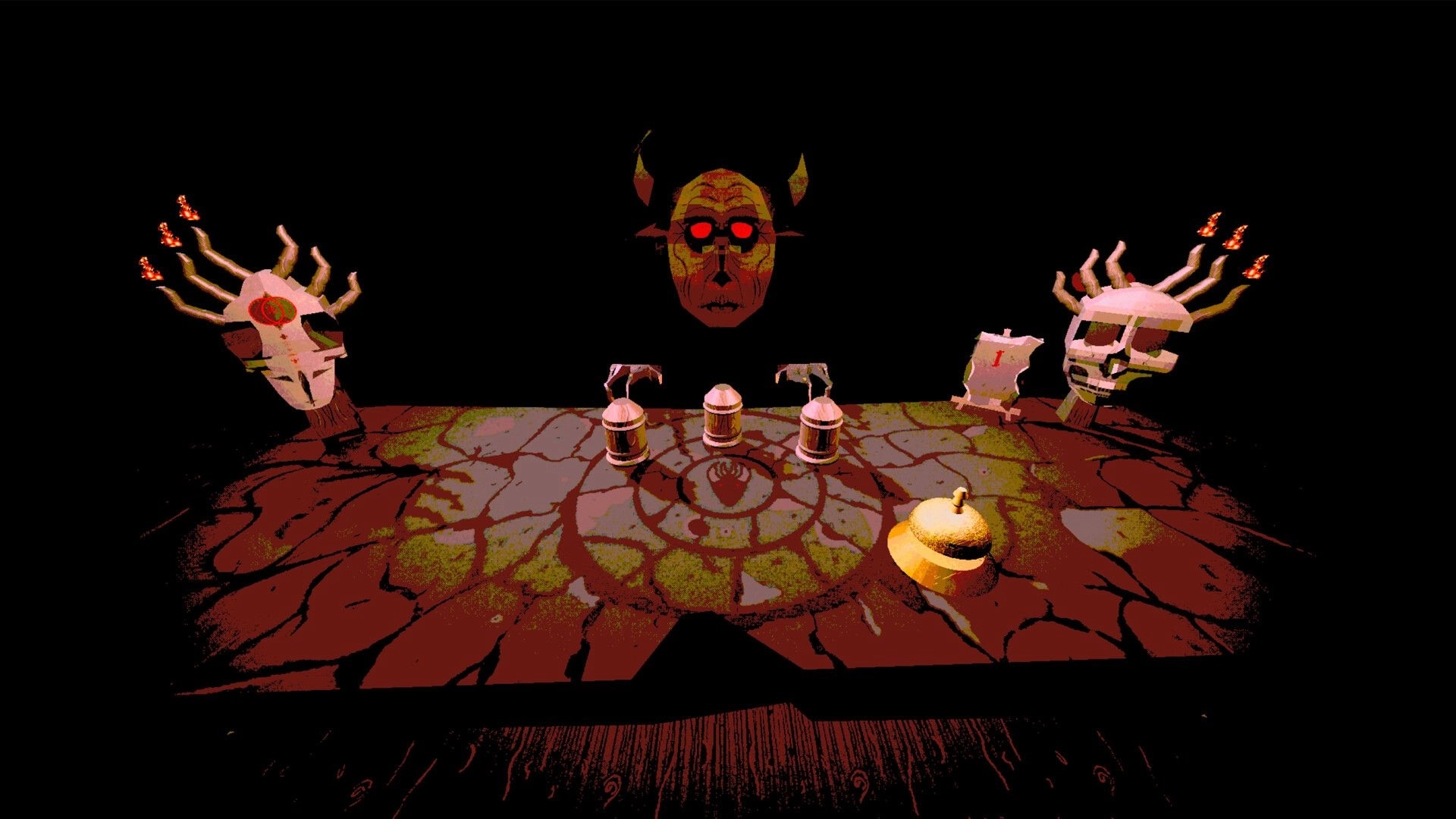 Slick As The Devil: Three cups on a cracked ritual table facing a horned devil mask in darkness.