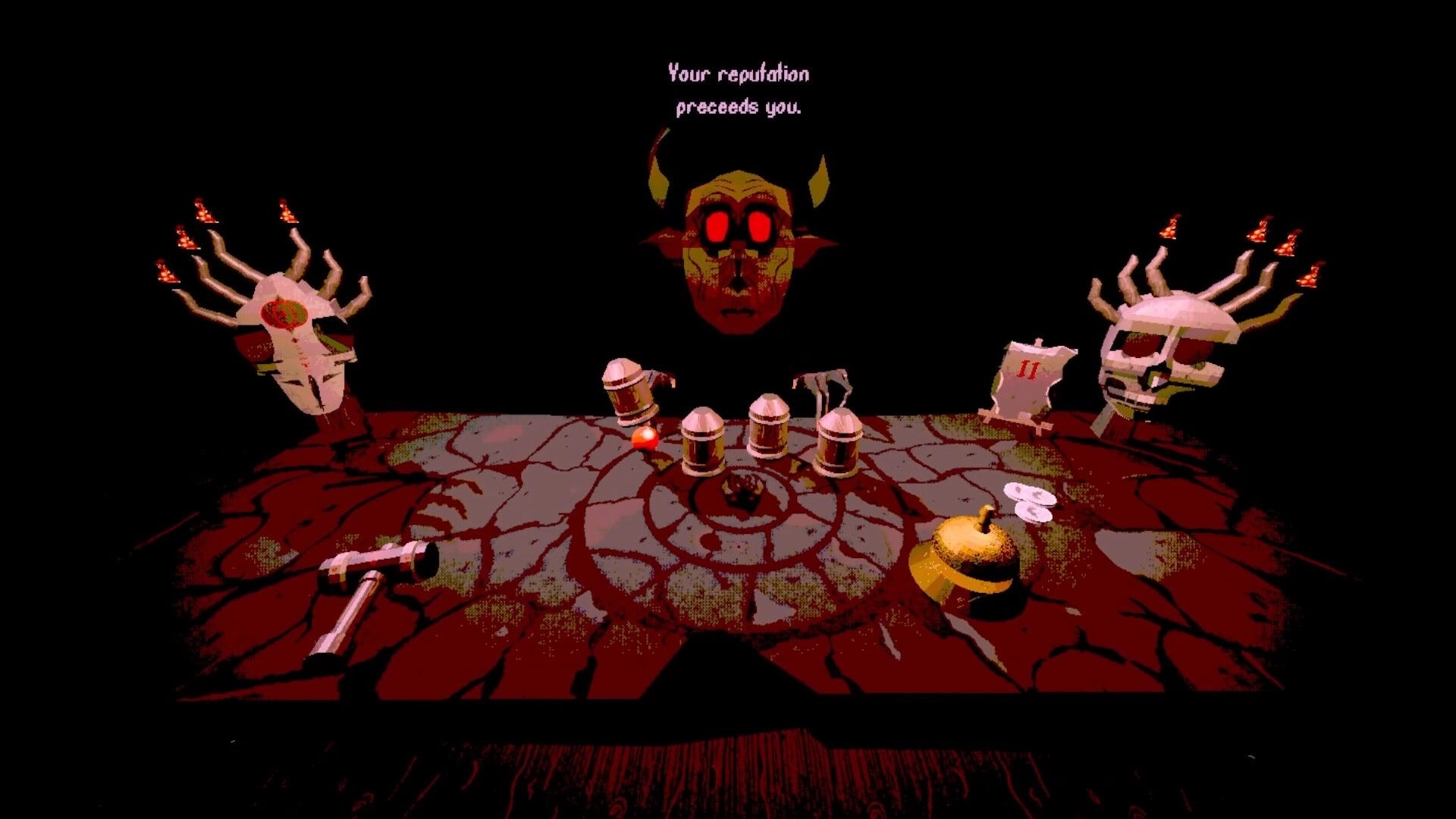 Slick As The Devil: Devil dealer looms over cup shuffle table with skulls, bell, and note 11.
