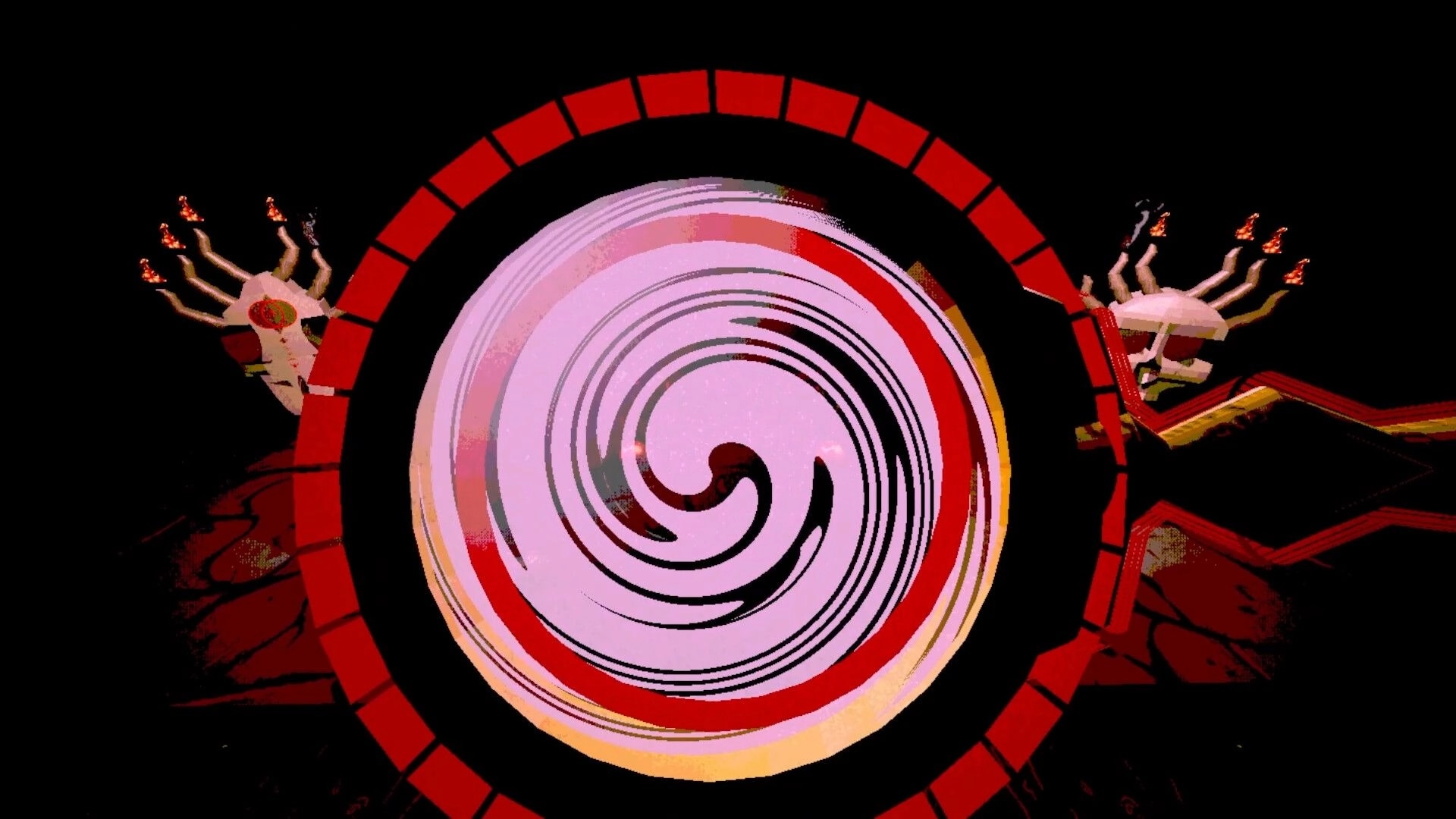 Slick As The Devil: Hypnotic spiral roulette UI framed in red, flanked by clawed hands on black background.