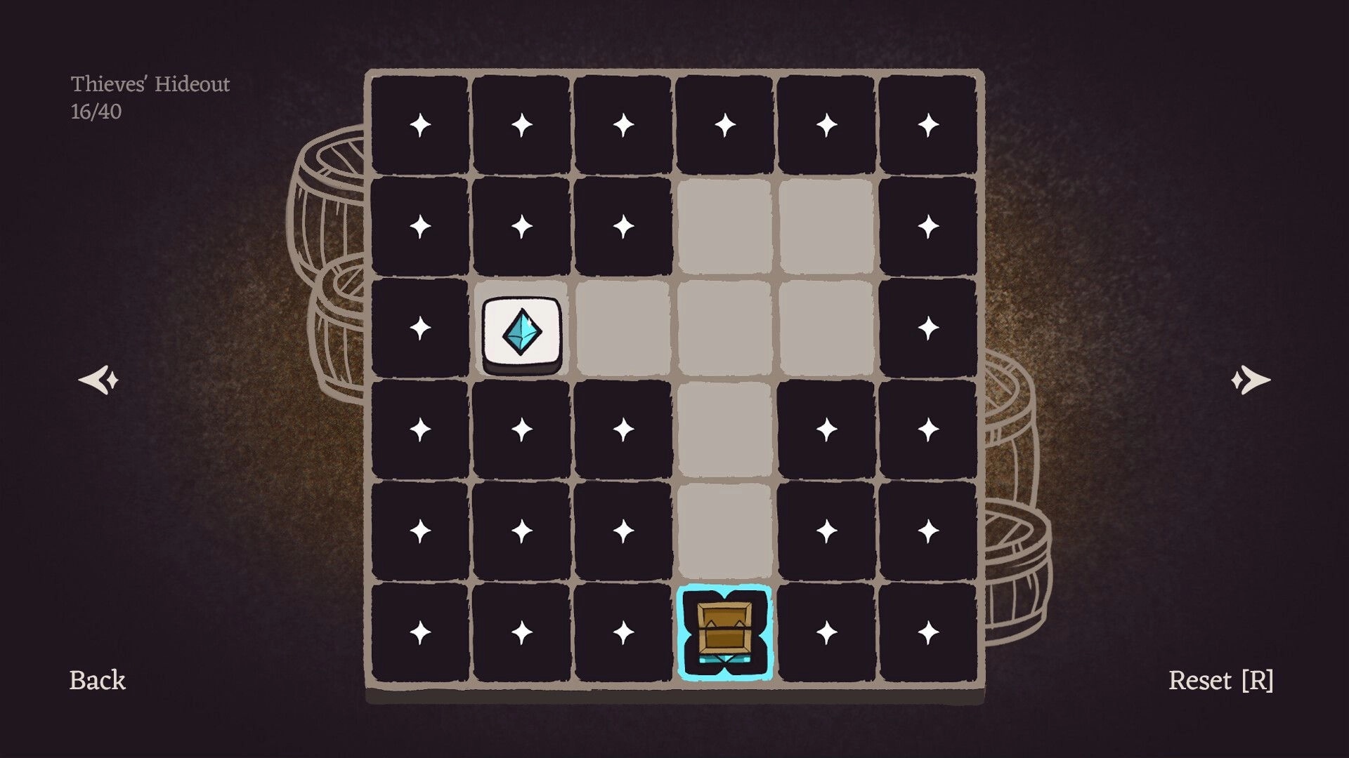 Slide & Magic: Thieves' Hideout puzzle grid with gem tile and crate on grey paths in dark dungeon UI