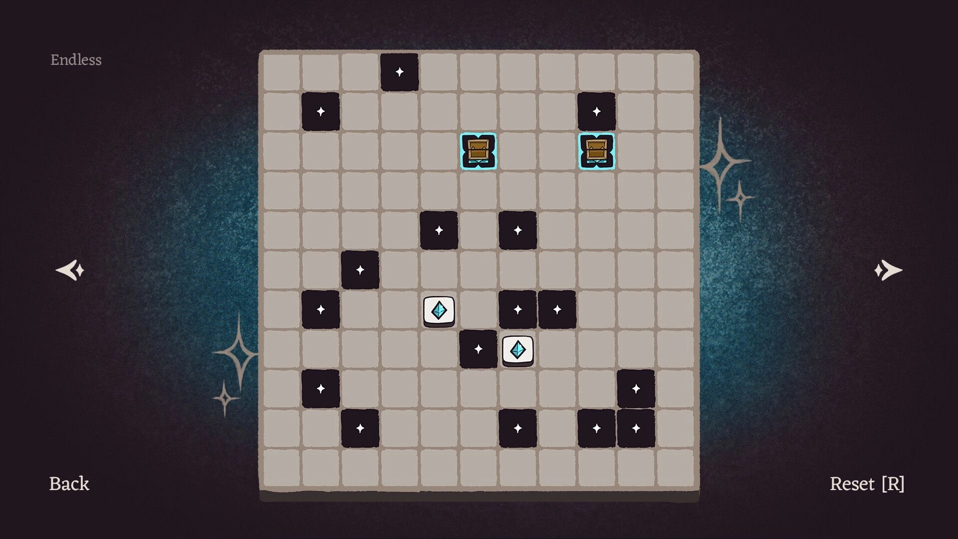 Slide & Magic: Endless puzzle grid with two chests and crystal tiles among black star blocks in void backdrop