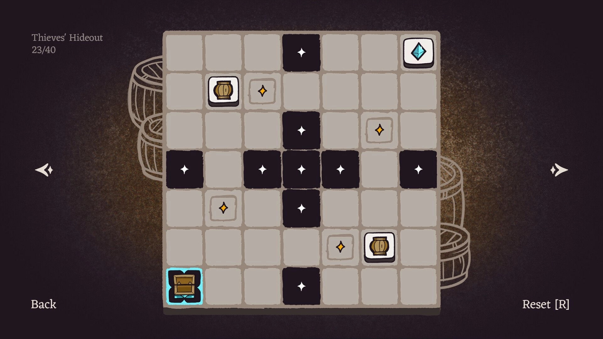 Slide & Magic: Sokoban-style grid puzzle with crates, star tiles, and a blue crystal goal Thieves' Hideout