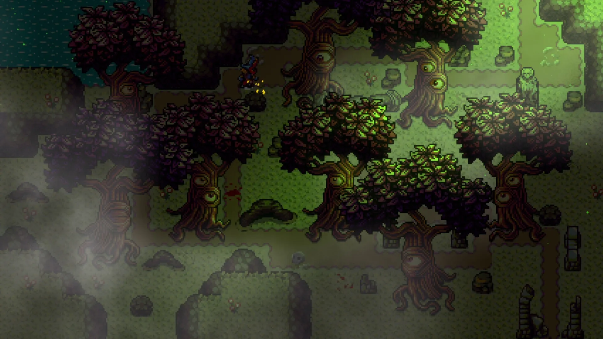 Sliding Hero: Character navigating eerie forest with mysterious trees and winding paths