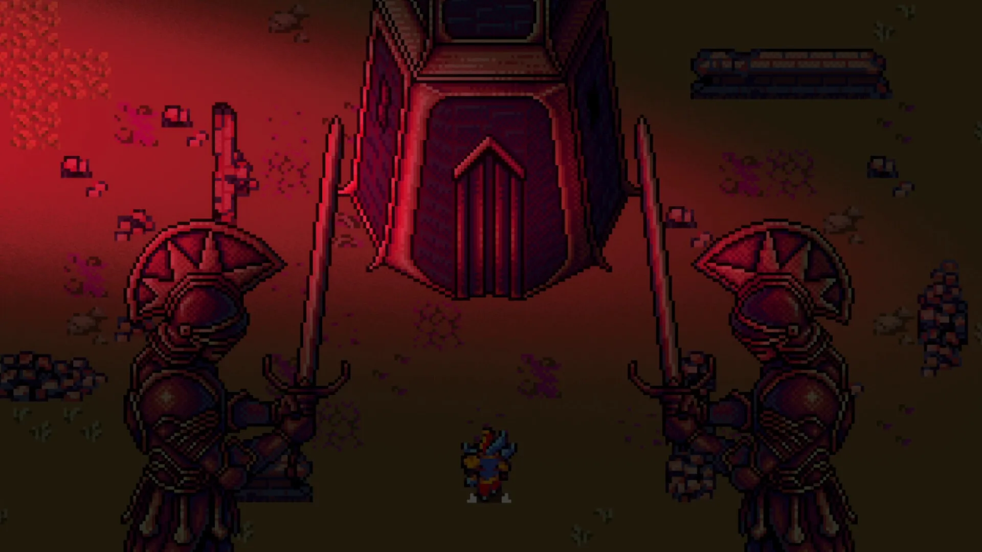 Sliding Hero: Player facing giant armored statues in dimly lit Venetian villa entrance hall