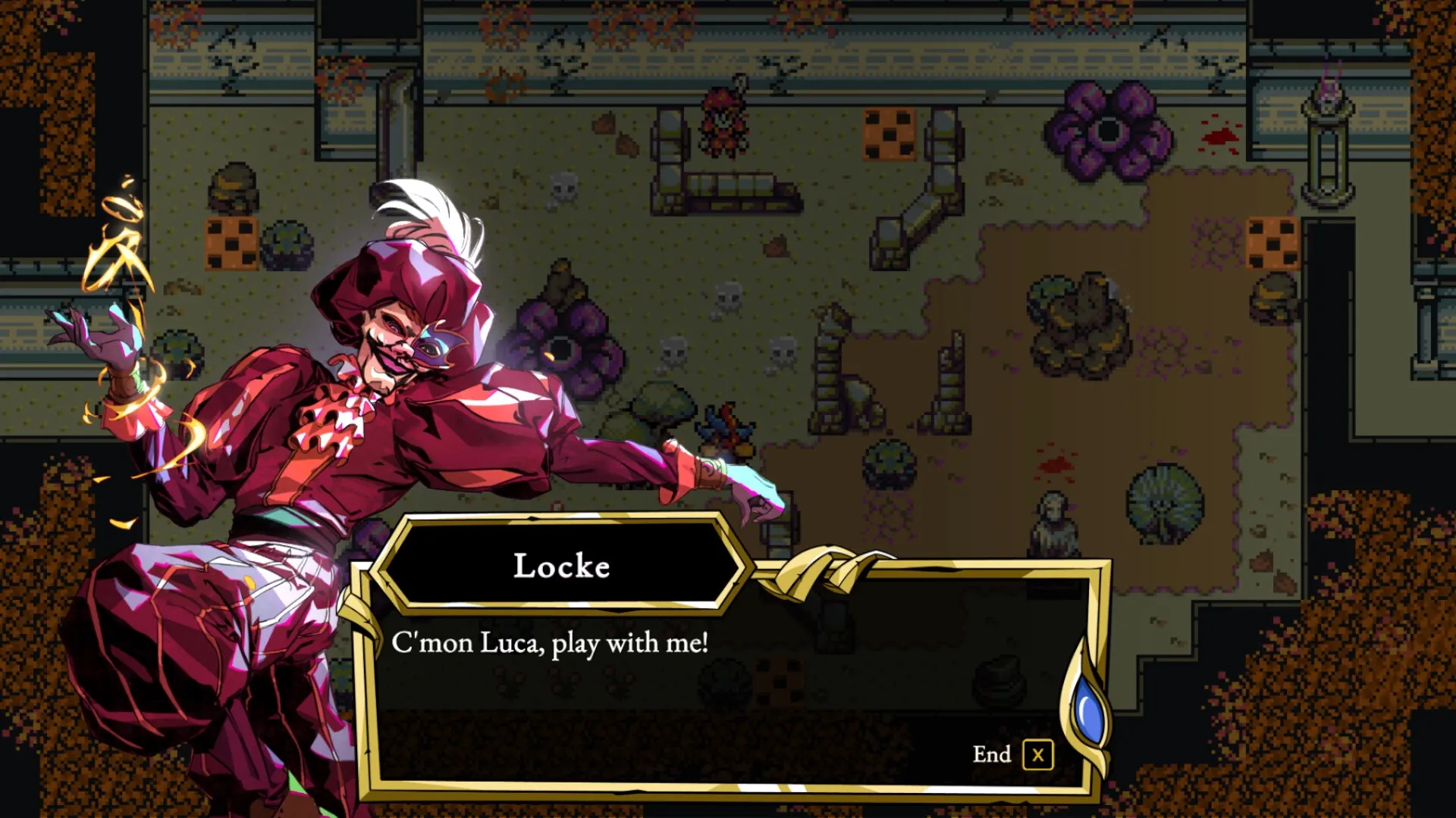 Sliding Hero: Character Locke in dialogue overlay, Venetian villa courtyard with puzzles and plants