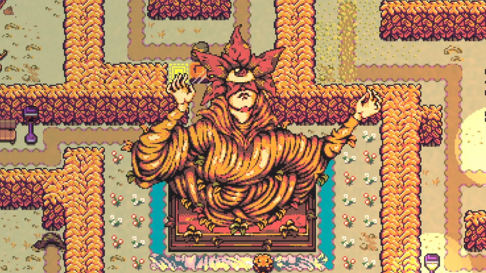 Sliding Hero: Statue with blindfold and raised hands in a maze-like garden environment