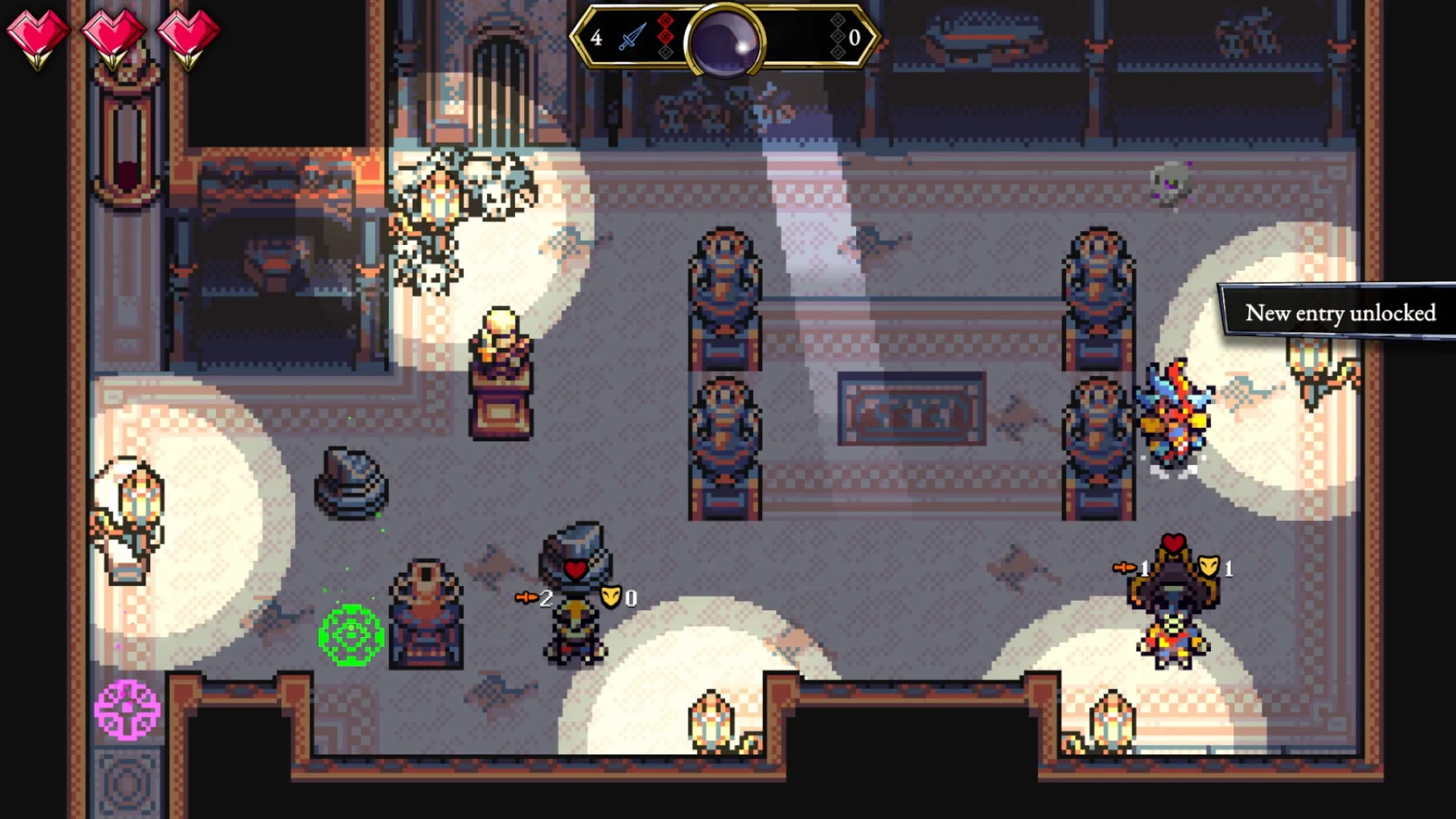 Sliding Hero: Two characters exploring a dimly lit villa room with statues and a "New entry unlocked" alert.