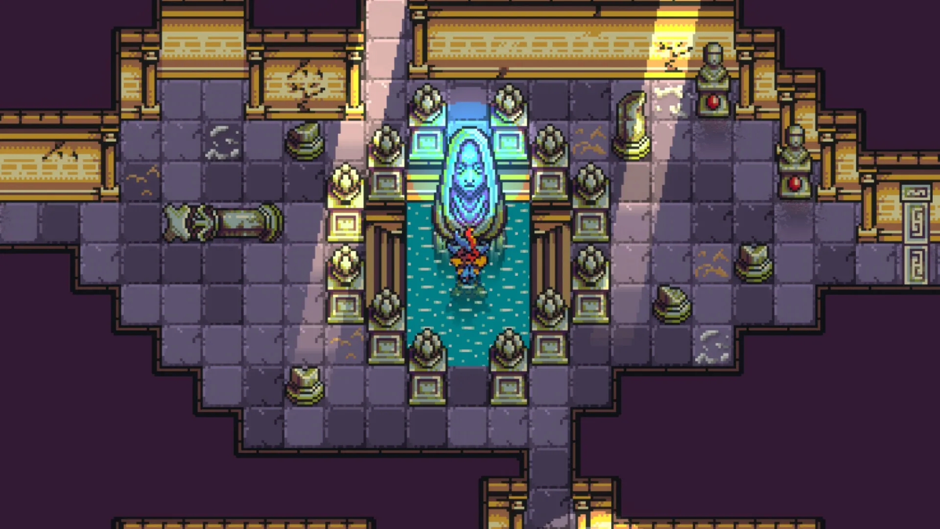 Sliding Hero: Character facing glowing statue in ornate tiled room with statues and pillars