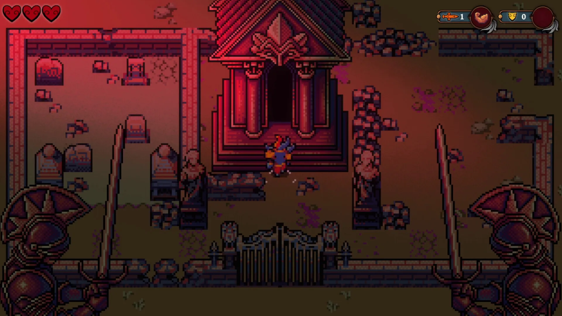 Sliding Hero: Character at ancient temple entrance, surrounded by statues and ruins in dim lighting.