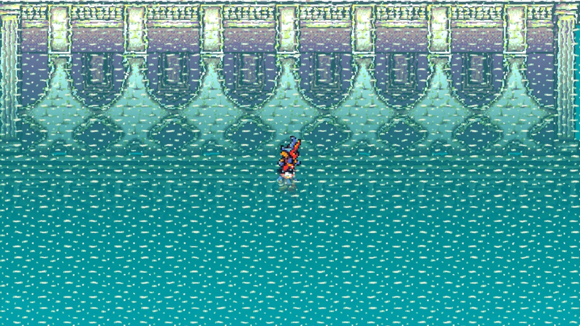 Sliding Hero: Character sliding across water in a grand Venetian hall with ornate arches and columns