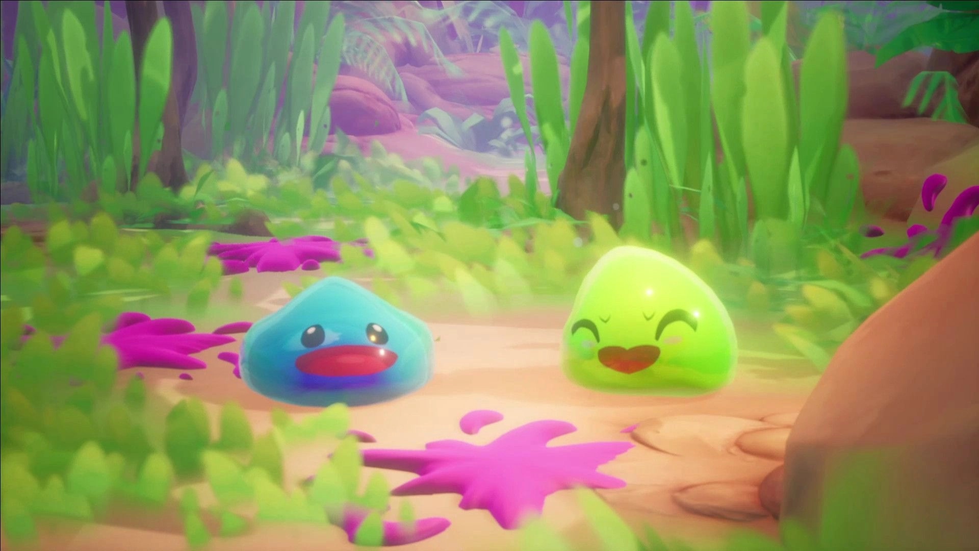 Slime Heroes: Two colorful slimes smiling on a forest path surrounded by vibrant plants and pink puddles