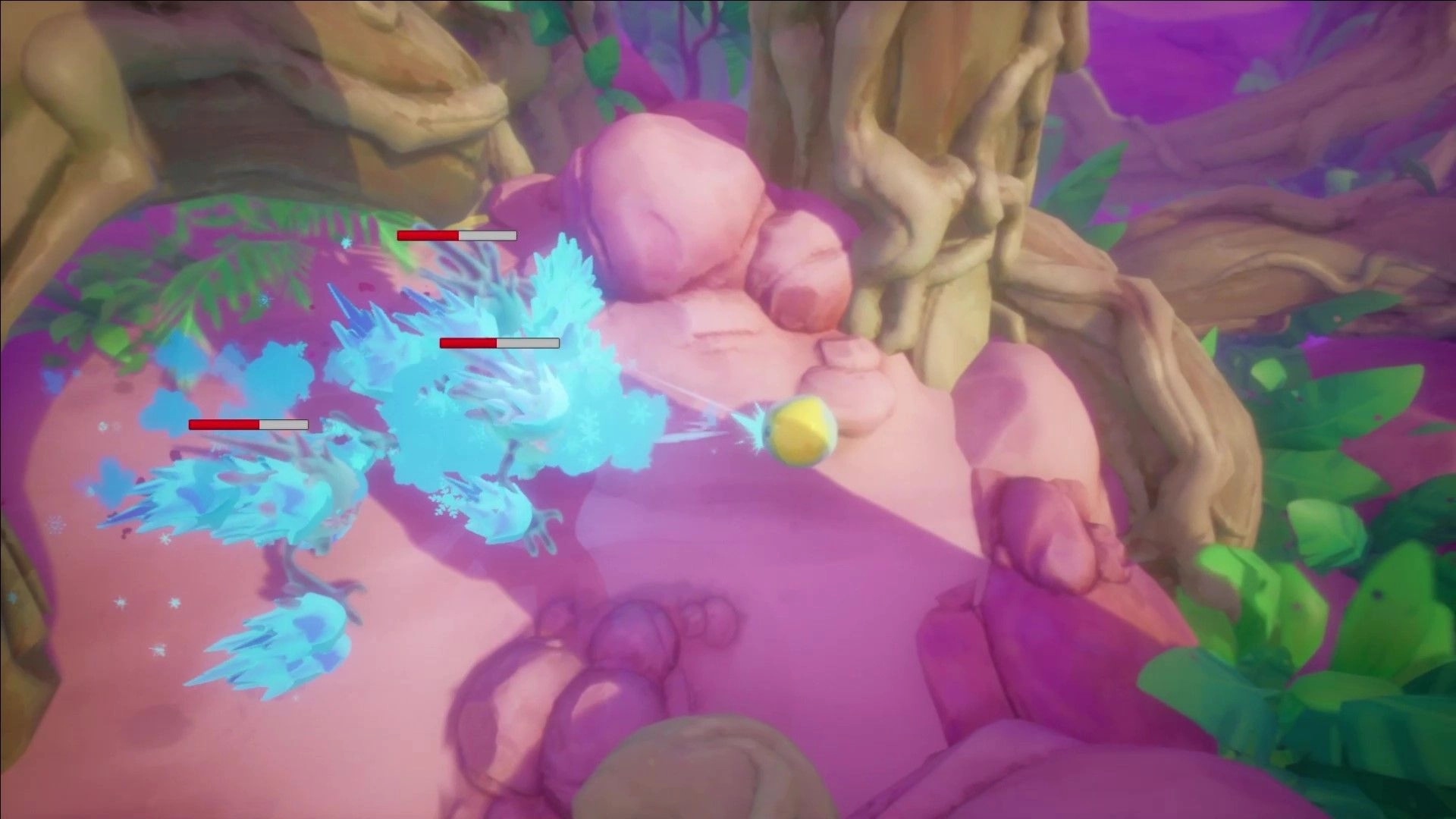 Slime Heroes: Yellow slime engages icy enemies on rocky forest path with health bars visible