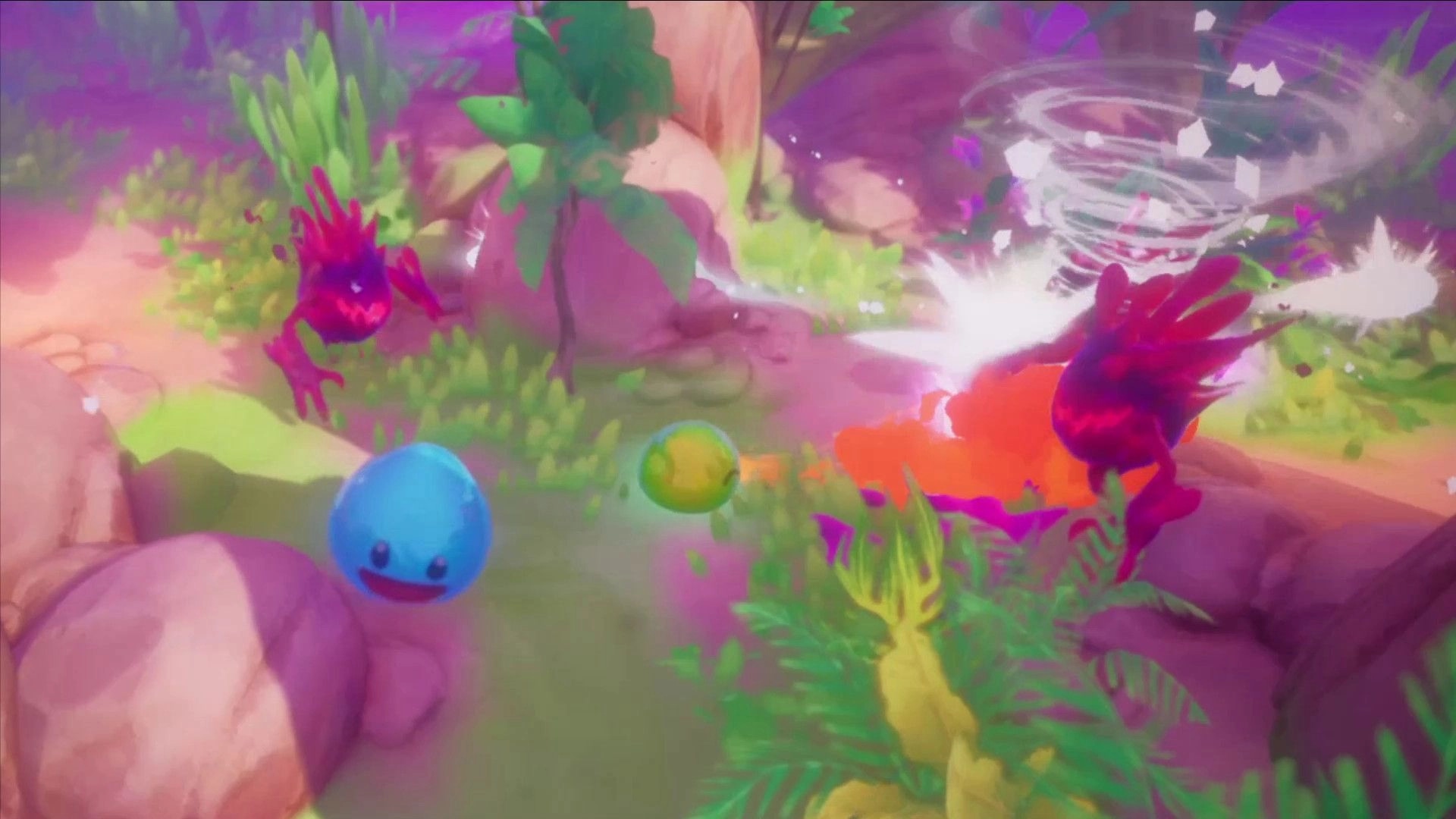 Slime Heroes: Blue and green slimes battling red creatures in a vibrant forest with swirling magic effects