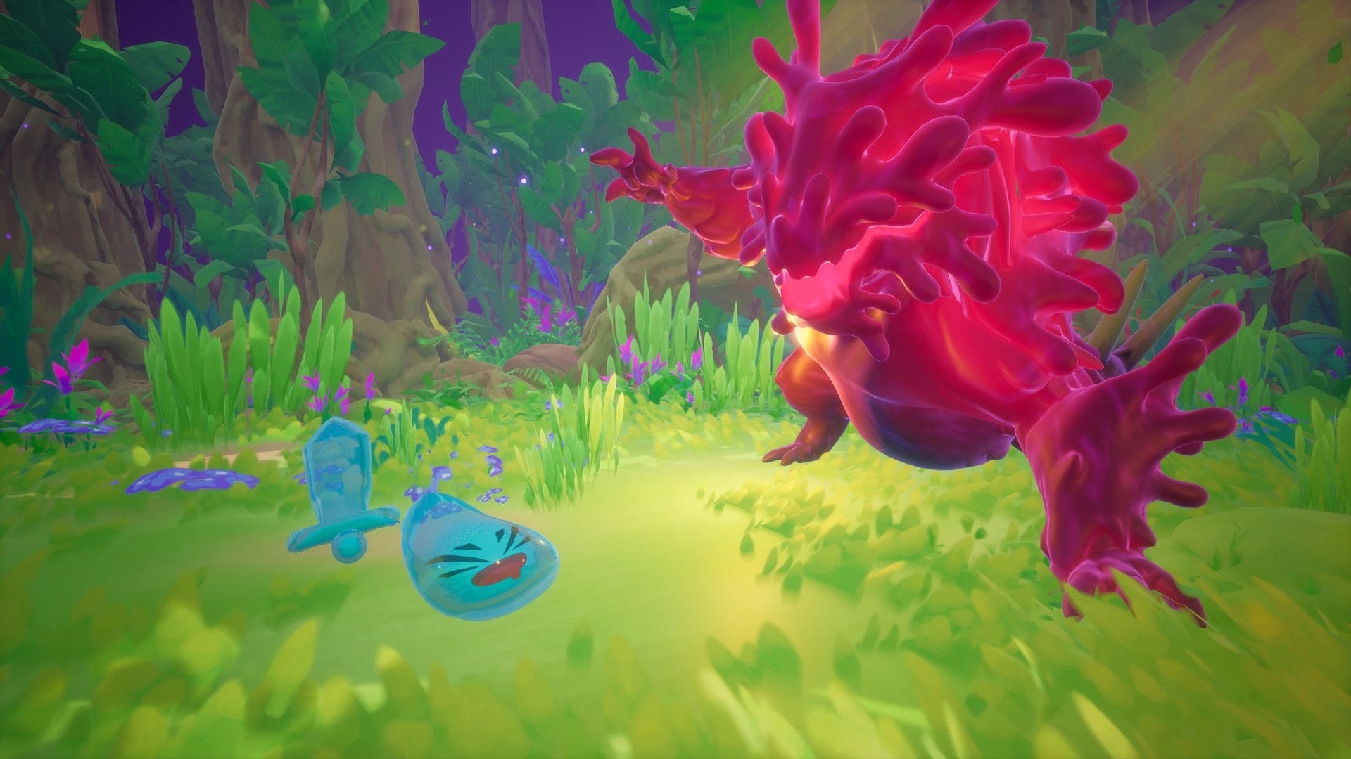Slime Heroes: Blue slime with sword faces red monster in vibrant jungle environment