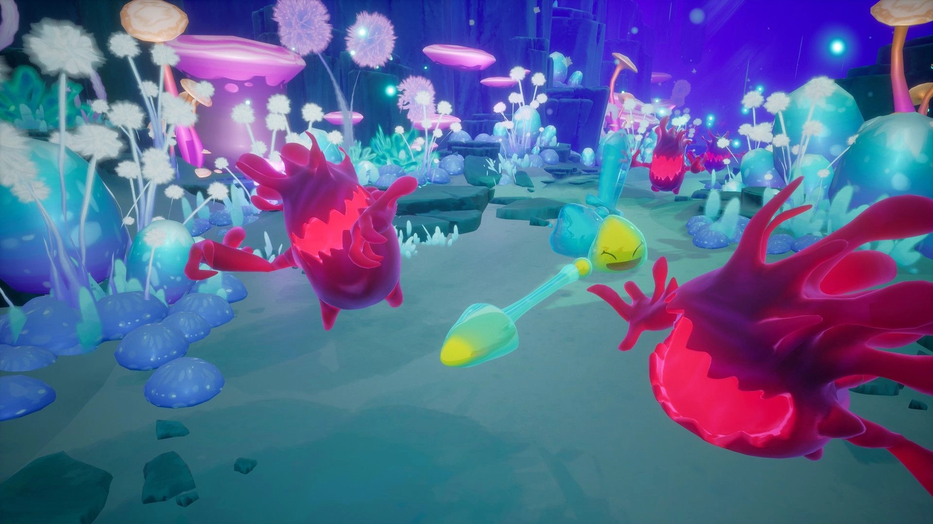 Slime Heroes: Blue and red slimes battling in a vibrant, glowing forest filled with oversized mushrooms