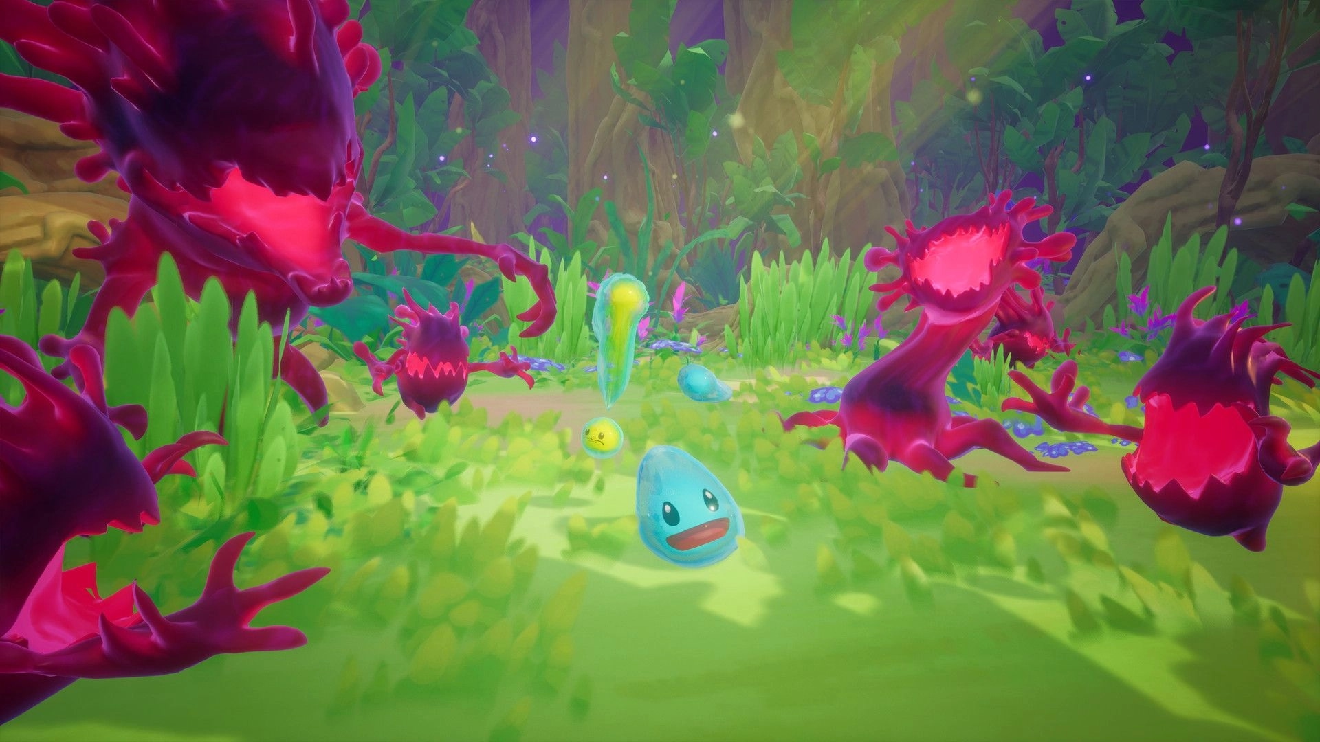 Slime Heroes: Blue slime hero facing red plant enemies in a vibrant forest environment