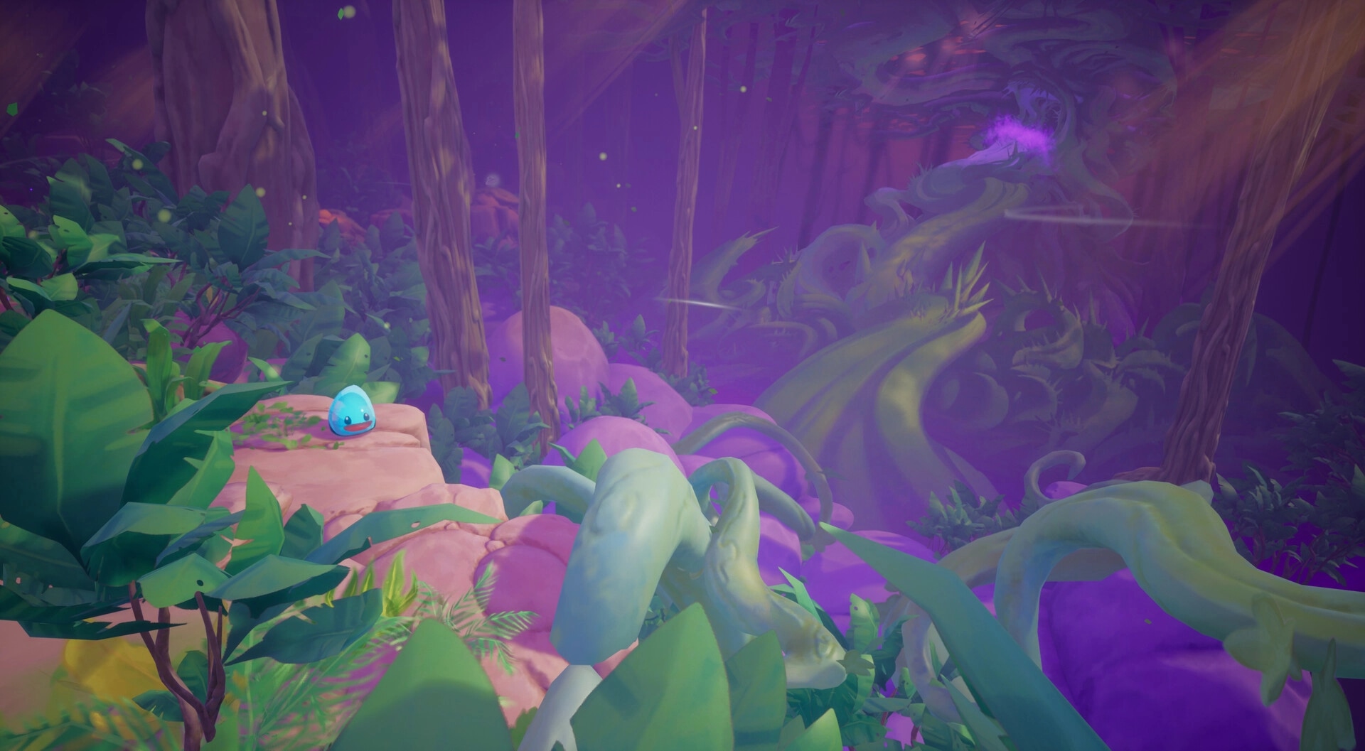 Slime Heroes: Blue slime on a rock in a vibrant, mystical forest with purple mist and twisting vines