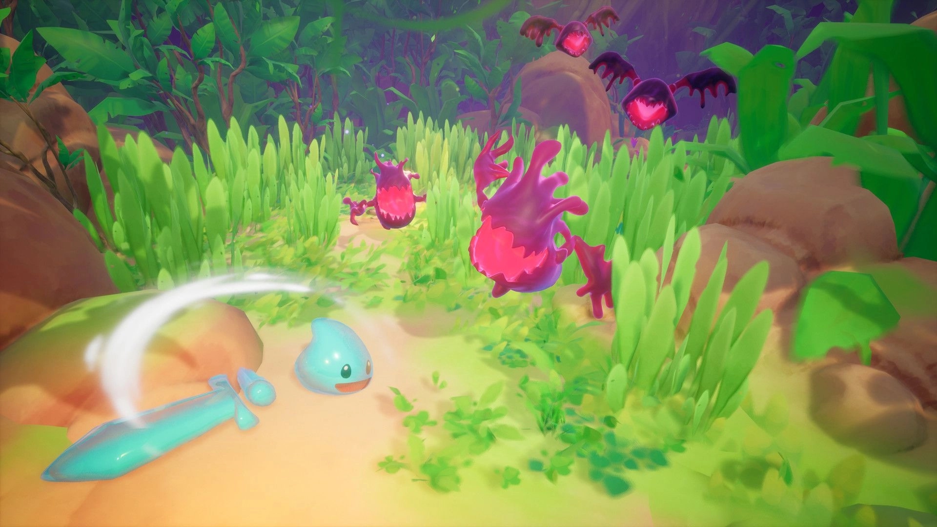 Slime Heroes: Blue slime battling red enemies in lush forest, sword nearby on sandy ground