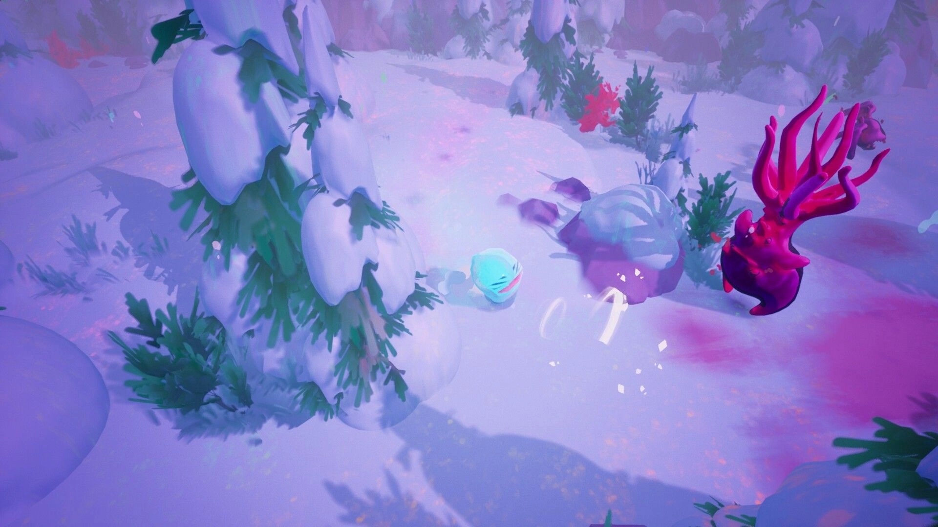Slime Heroes: Blue slime battling a purple creature in a snowy forest environment