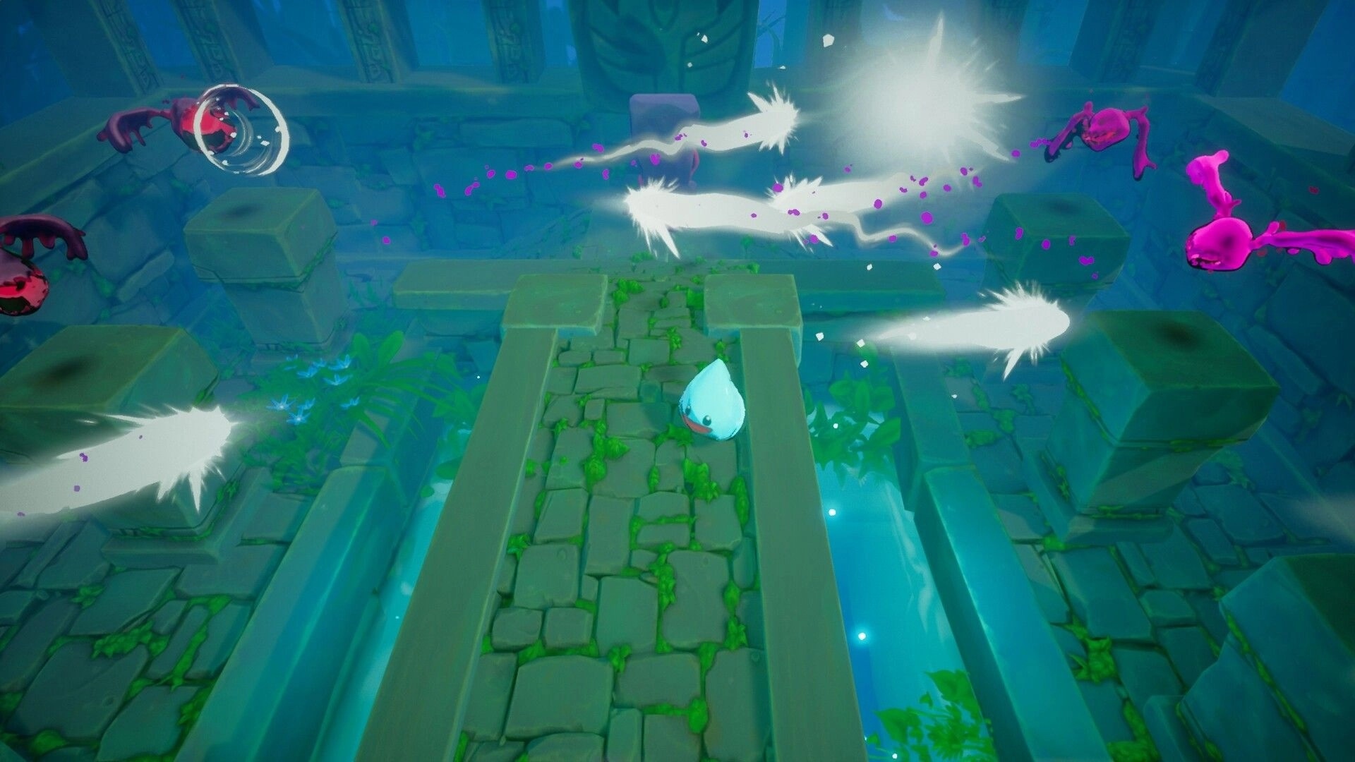 Slime Heroes: Blue slime dodges pink enemies in ancient ruin with stone path and glowing projectiles
