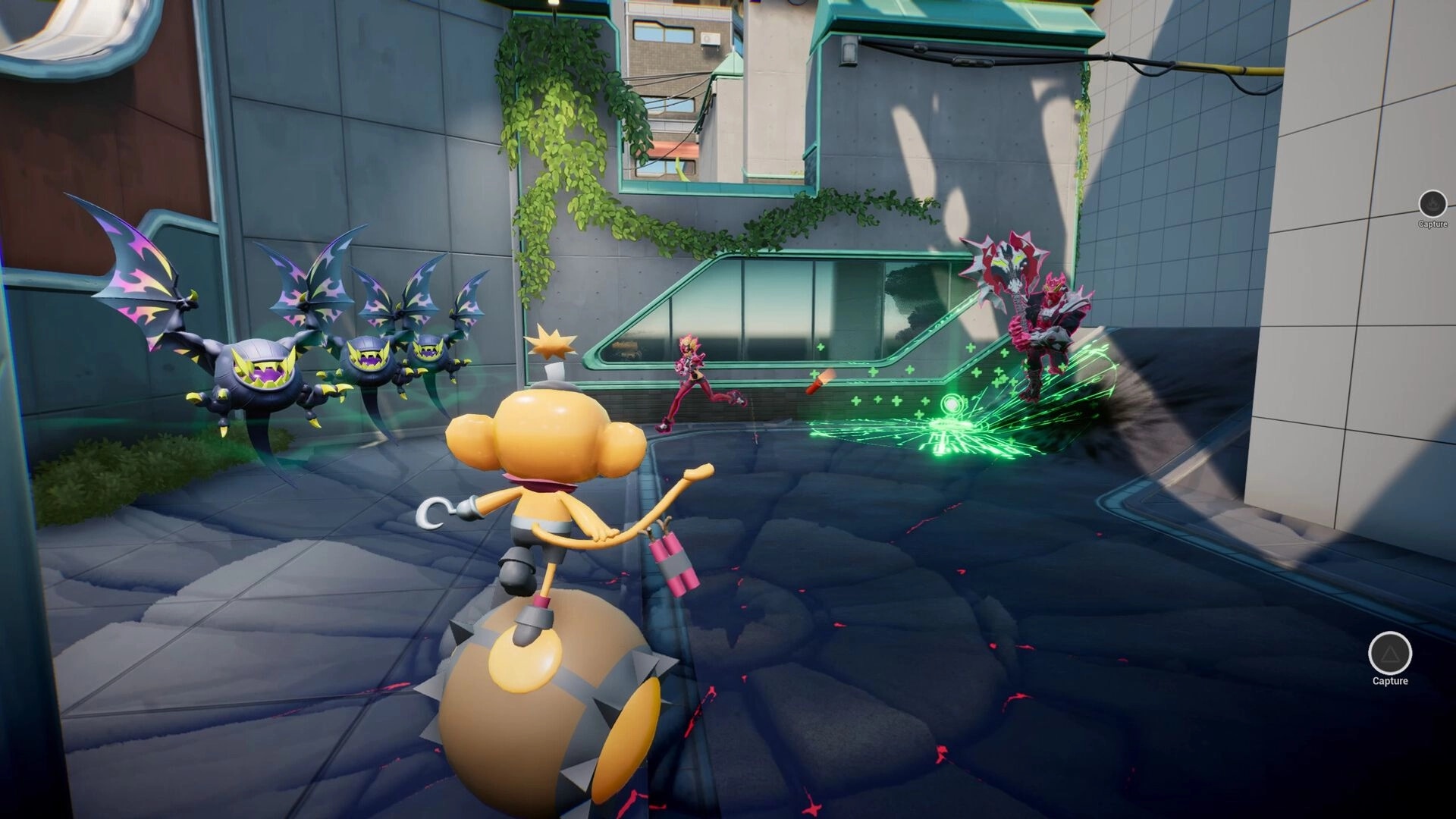 SLiMECORE: Third-person fight with bat minions and neon blast in a sleek courtyard arena UI.