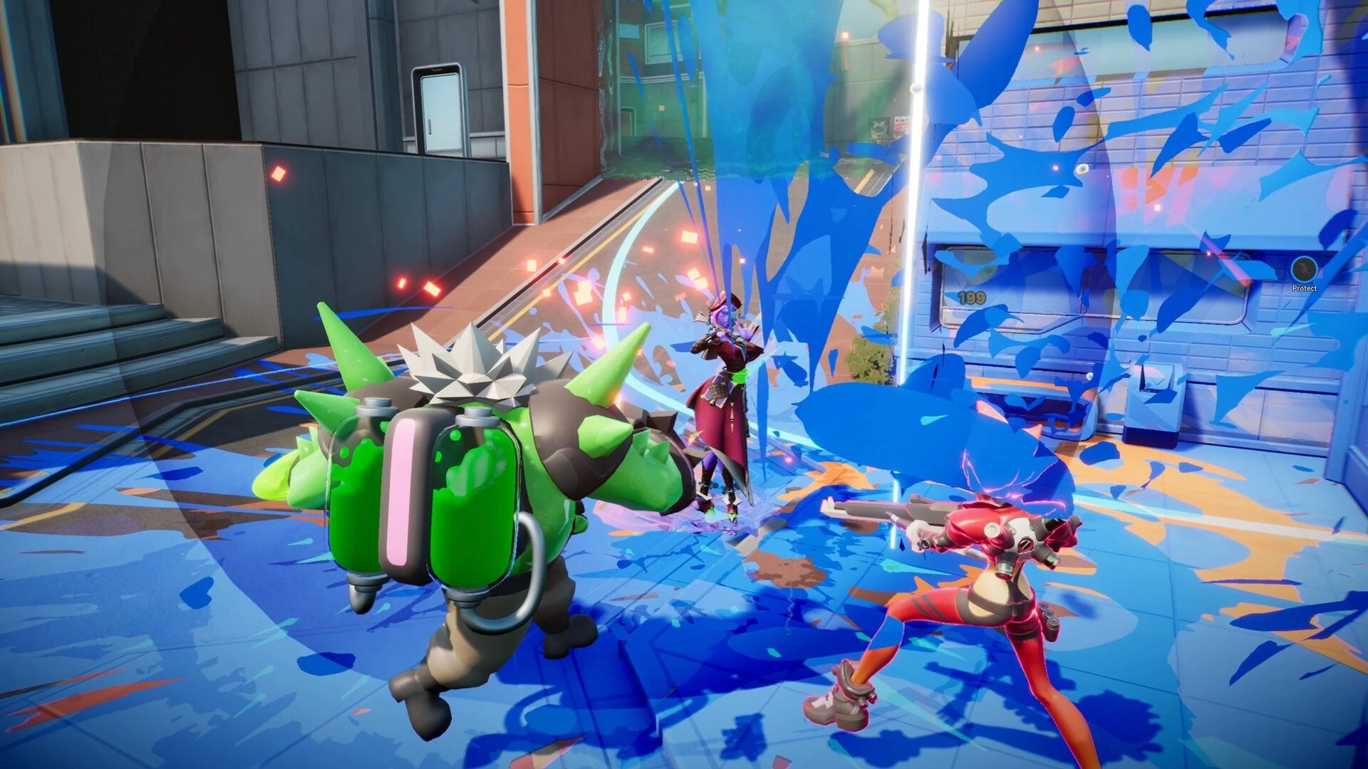 SLiMECORE: Two heroes aim guns as blue slime splashes a futuristic corridor with Protect marker UI.
