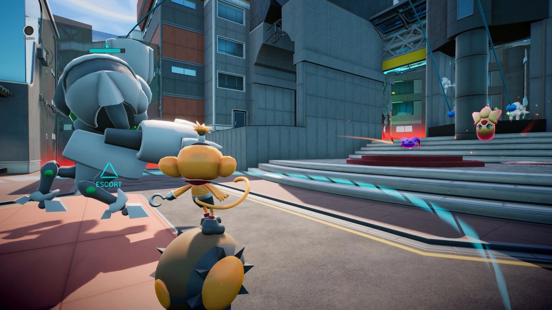 SLiMECORE: Escort objective as a tiny hero follows a robot through a futuristic plaza with slimes ahead.