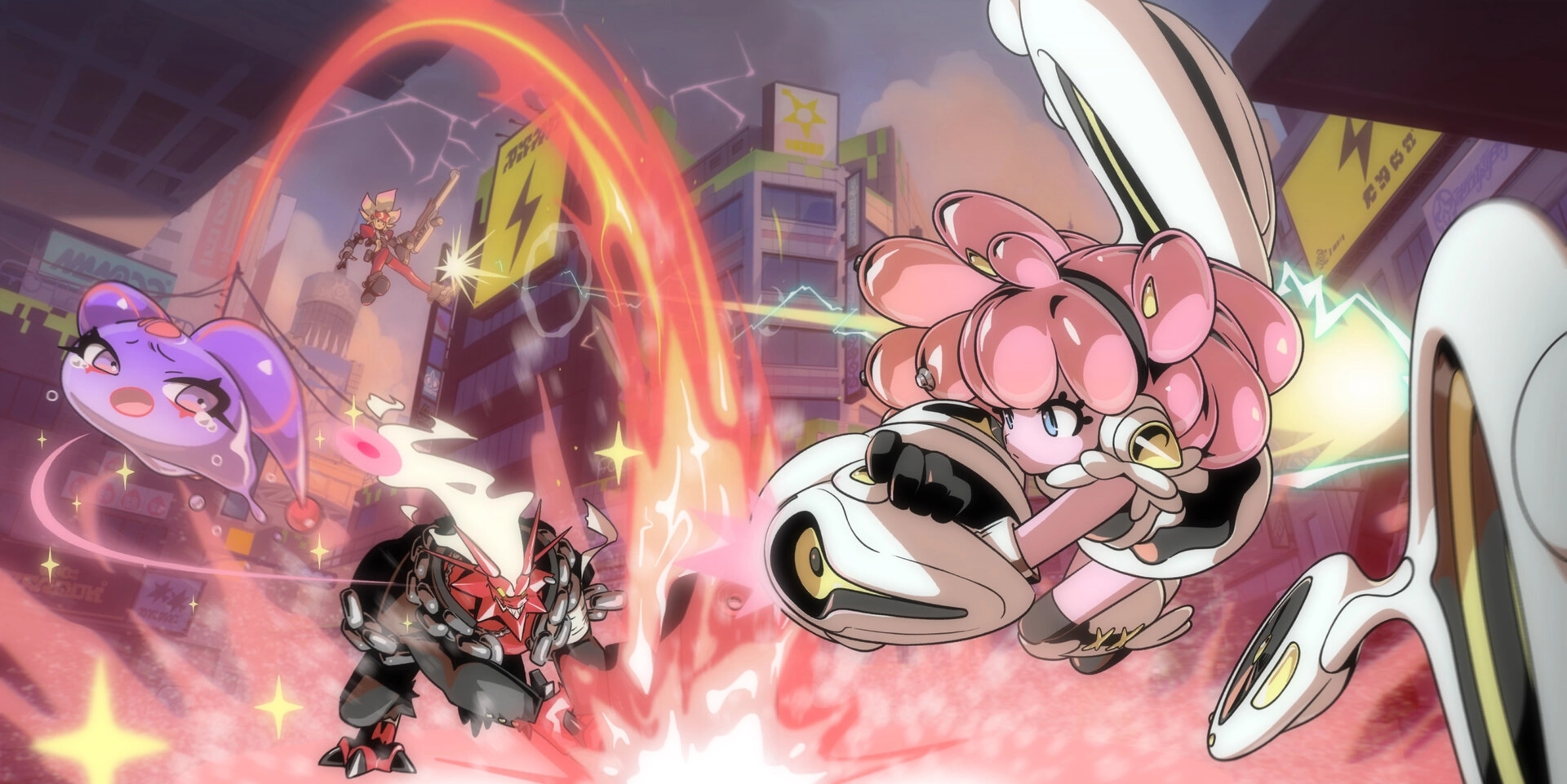 SLiMECORE: Anime heroes clash with energy arcs and gunfire in a neon city street battleground.