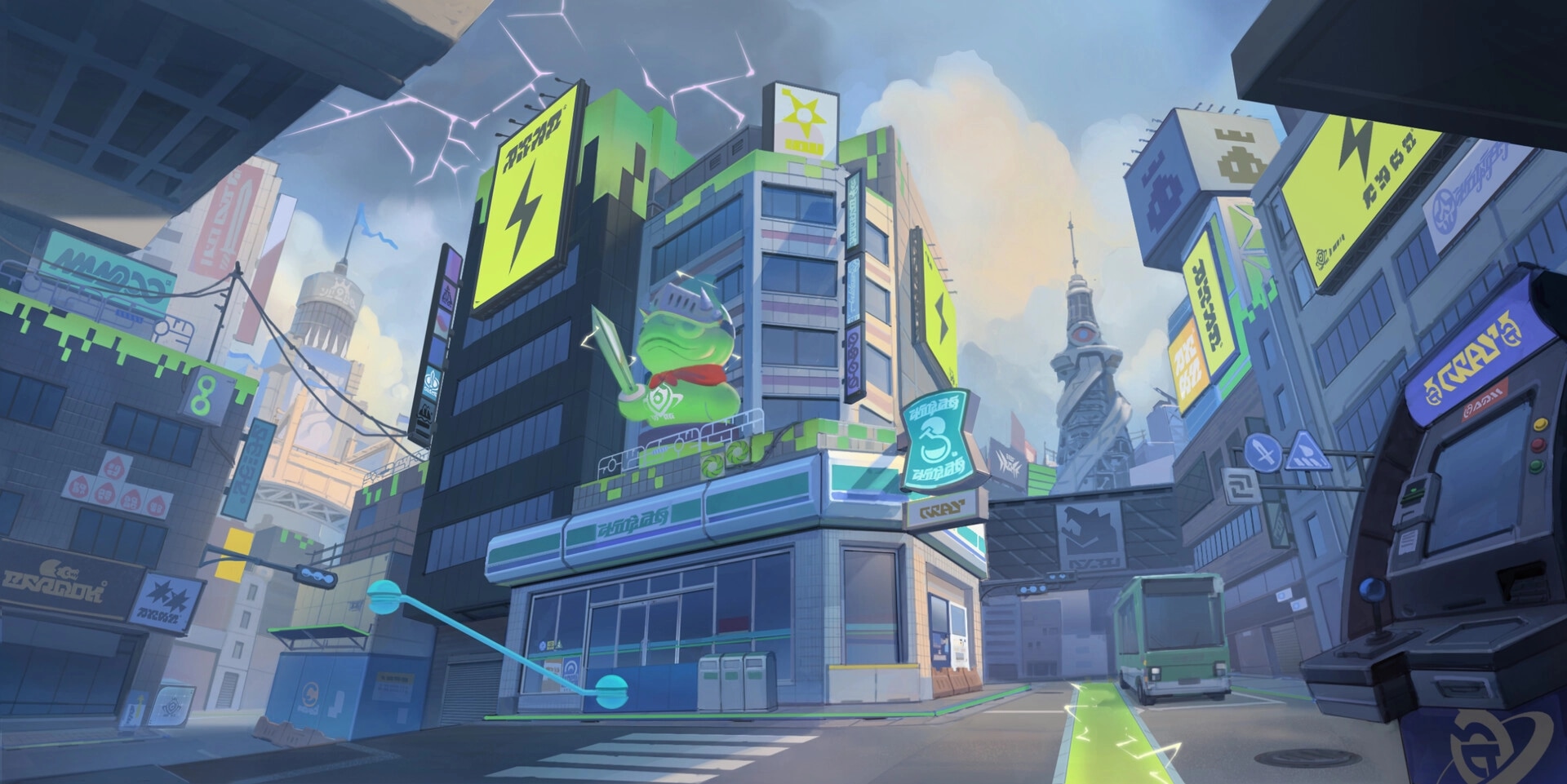SLiMECORE: Neon city street hub with slime statue on rooftop, billboards, bus, and kiosk UI panel.