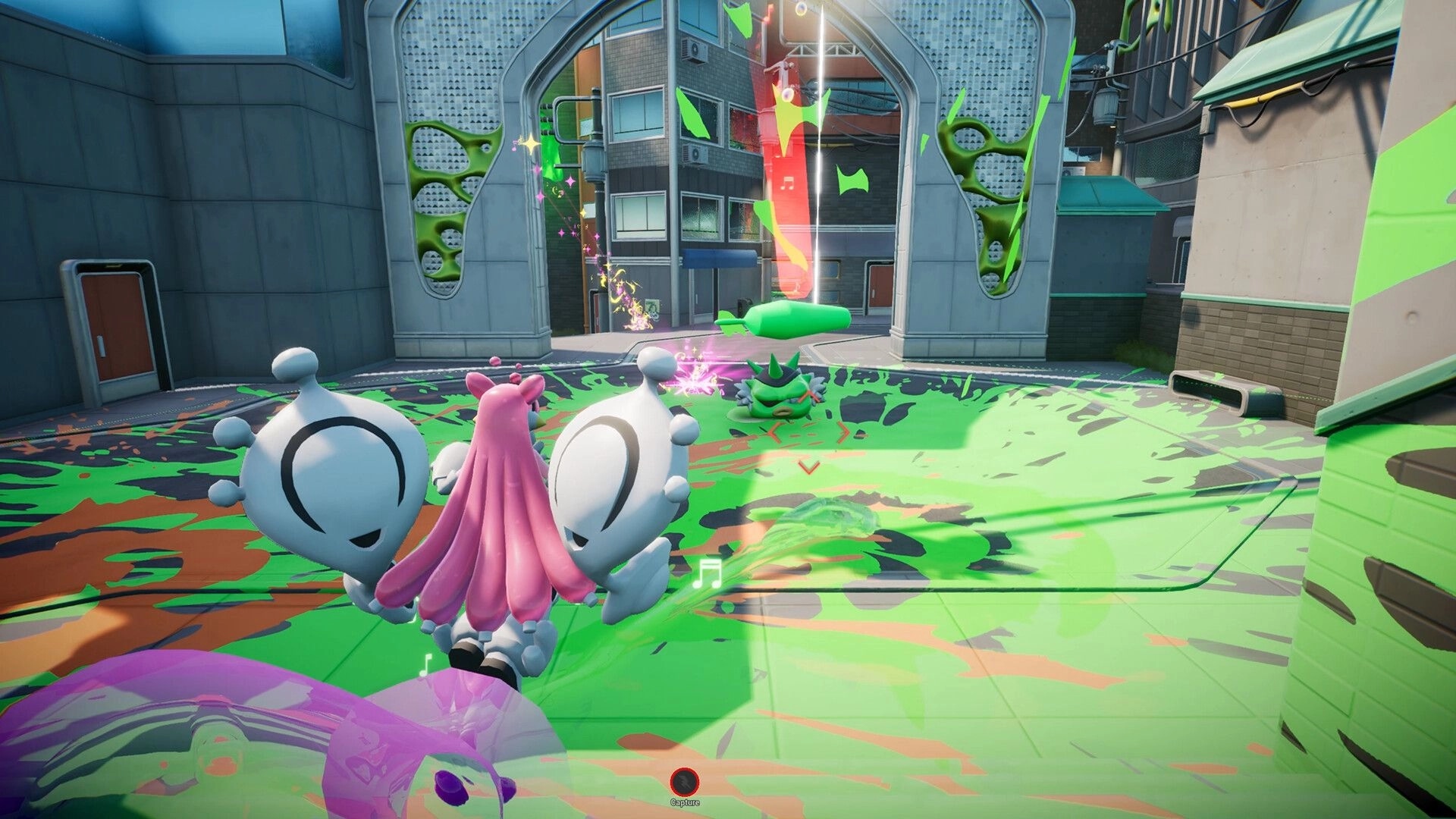 SLiMECORE: Third-person hero aims at spiky green slime by red beam in paint-splattered city alley.
