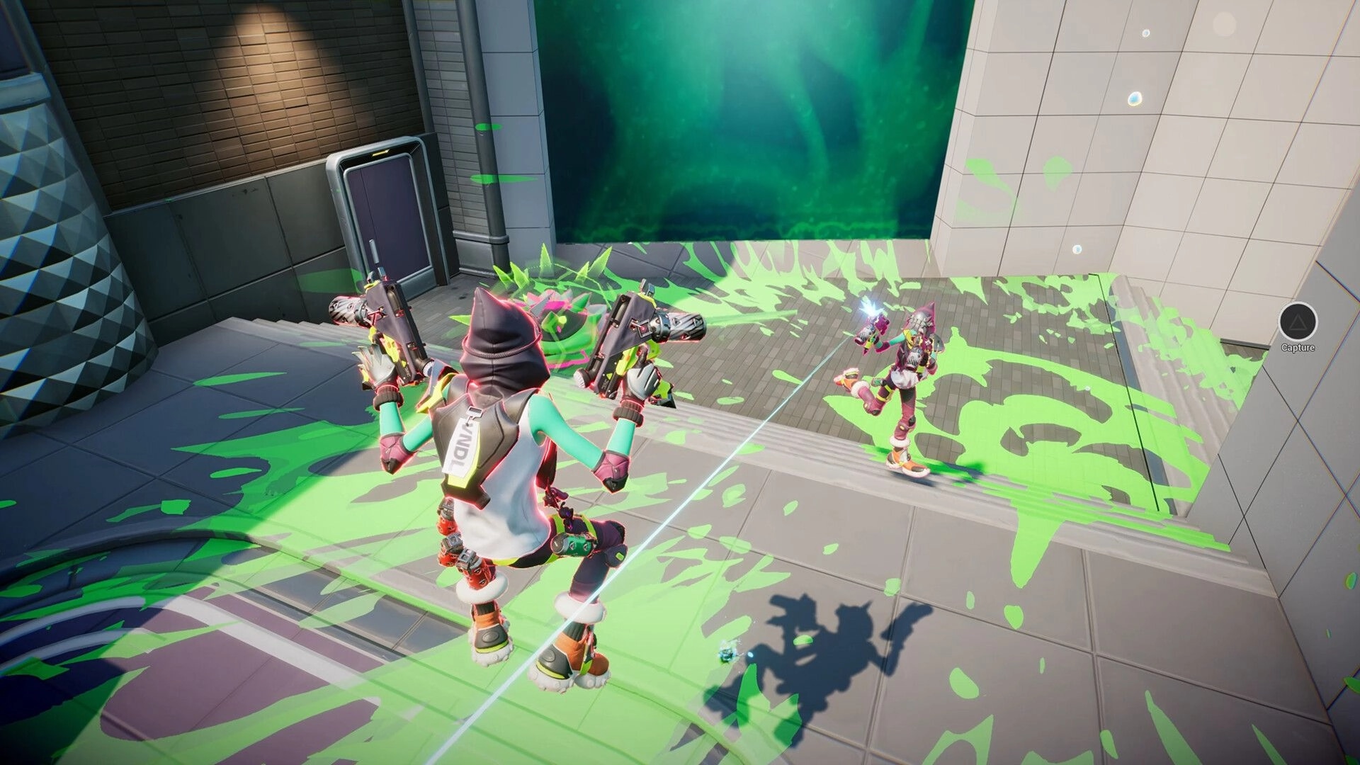 SLiMECORE: Third-person duel with dual pistols in neon slime-splattered corridor, Capture UI icon.