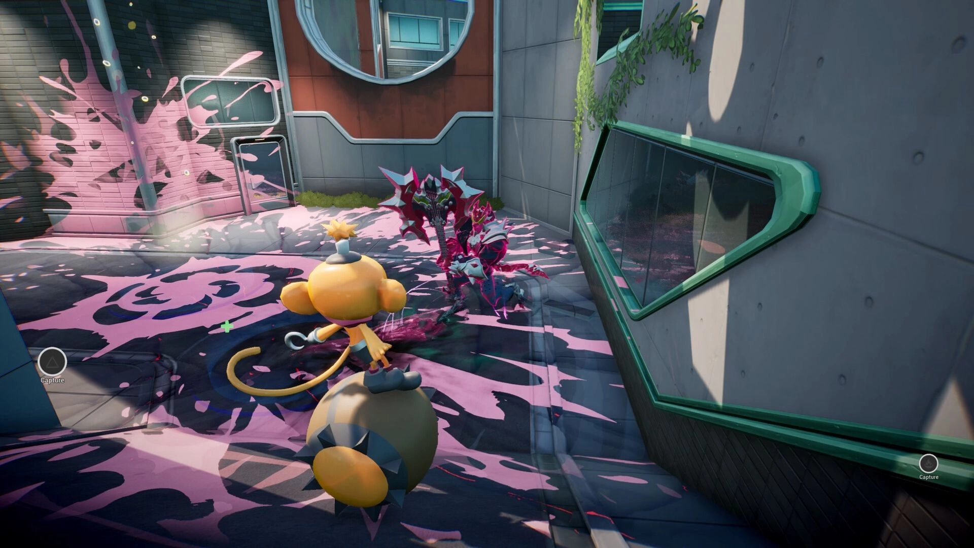 SLiMECORE: Third-person hero aims at spiky armored enemy in neon alley splattered with pink slime.