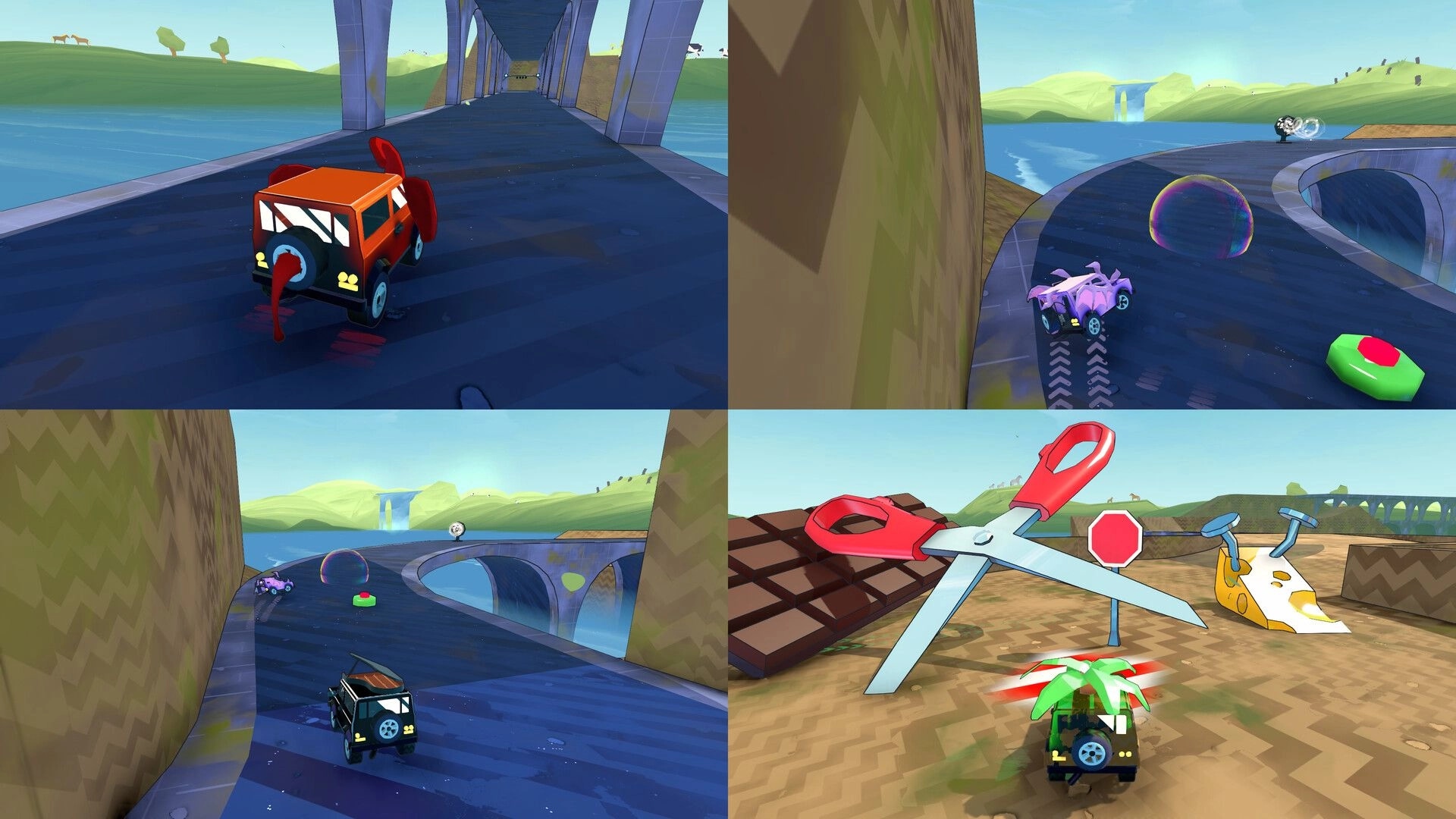 Slip & Skid: Four-car split-screen race with obstacles, including scissors and cheese, on a bridge track.