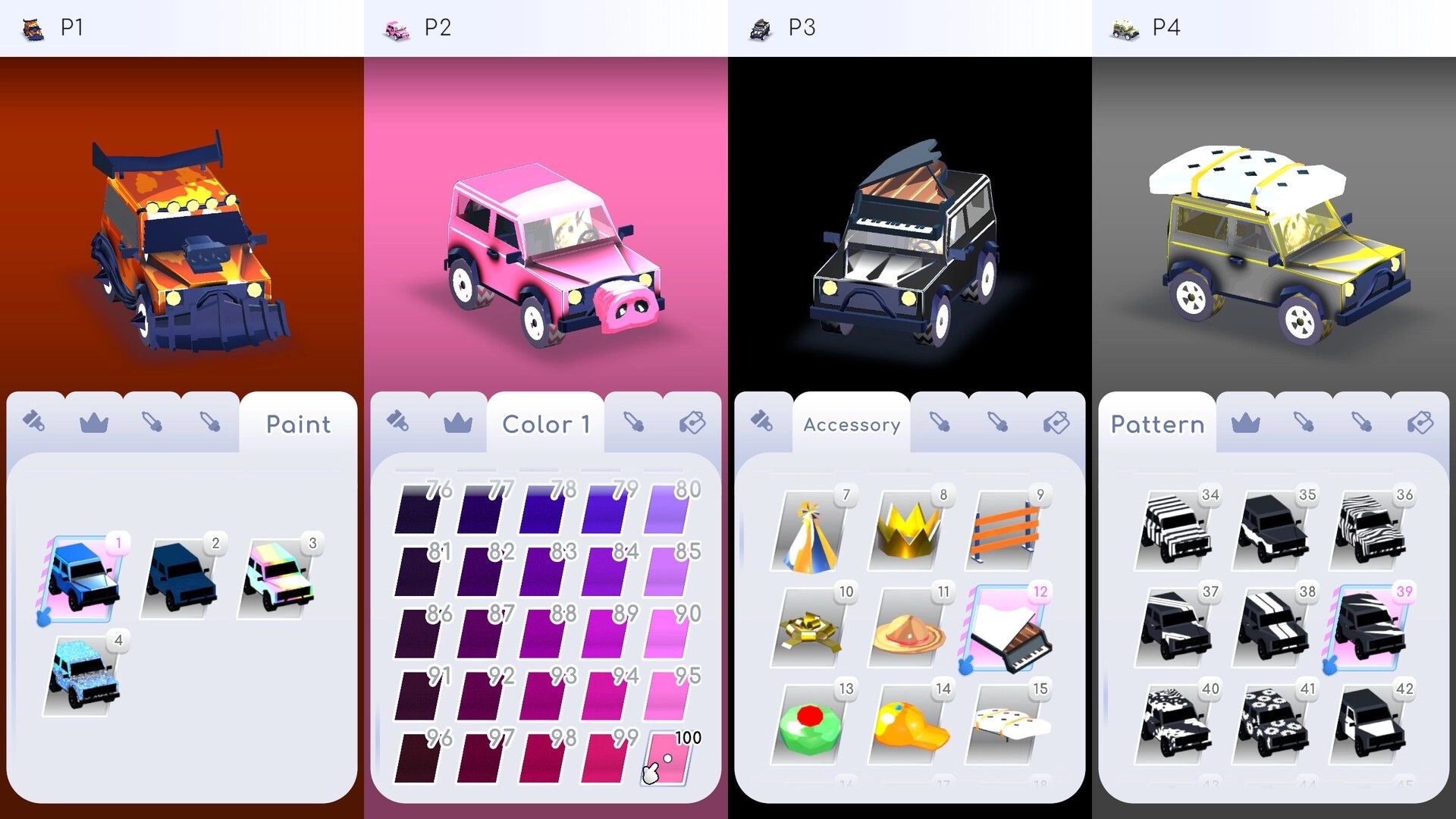 Slip & Skid: Four-player vehicle customization screen with color, accessory, and pattern options.