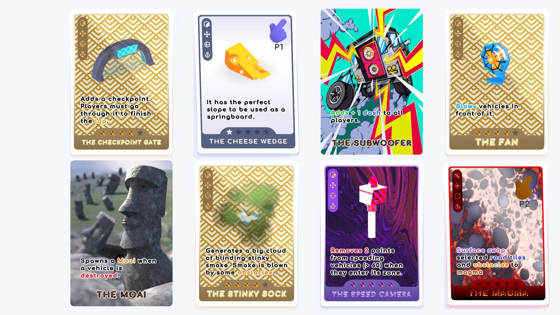 Slip & Skid: Eight unique obstacle cards with descriptions and effects arranged on a light background.