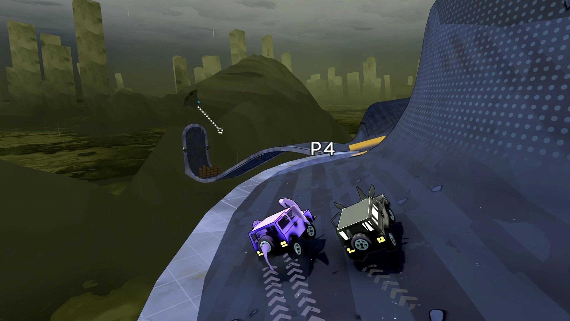 Slip & Skid: Two cartoon cars drifting on a steep, winding track in a dark, dystopian cityscape.