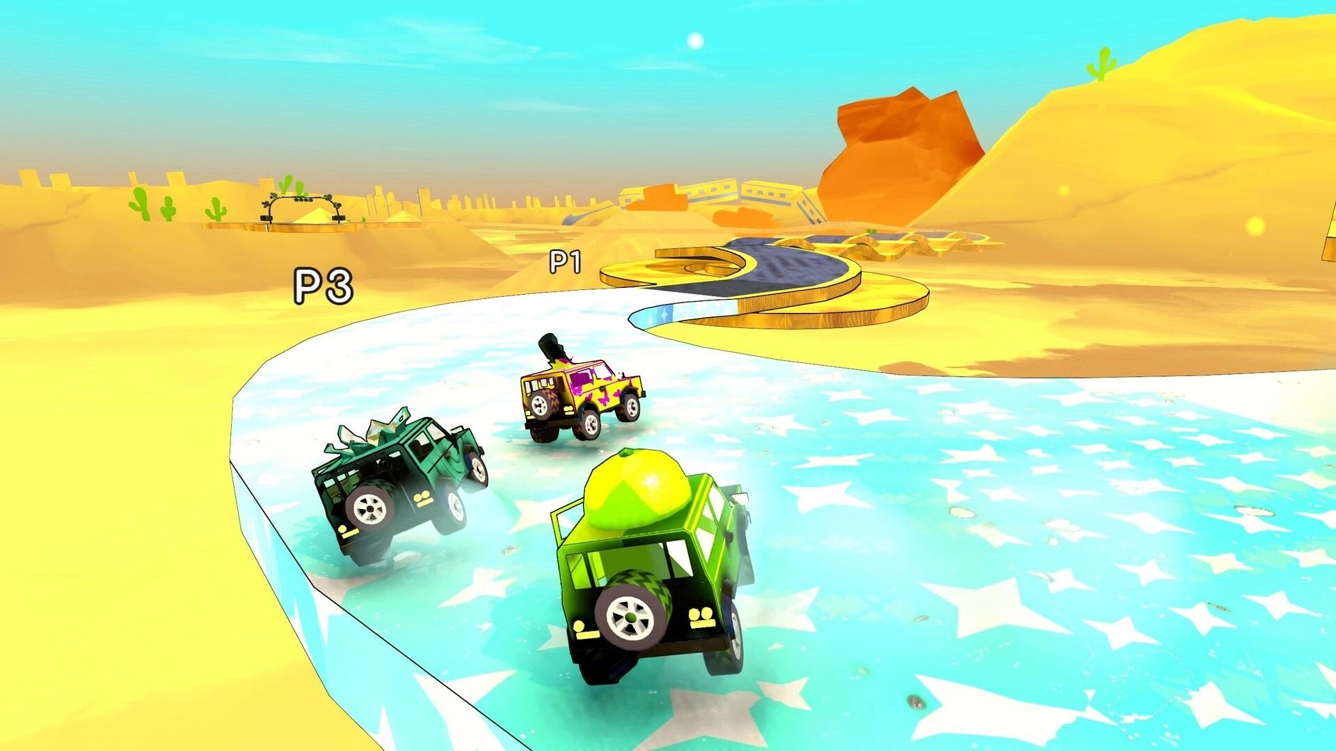 Slip & Skid: Three cars racing on icy track section in desert environment with player tags visible